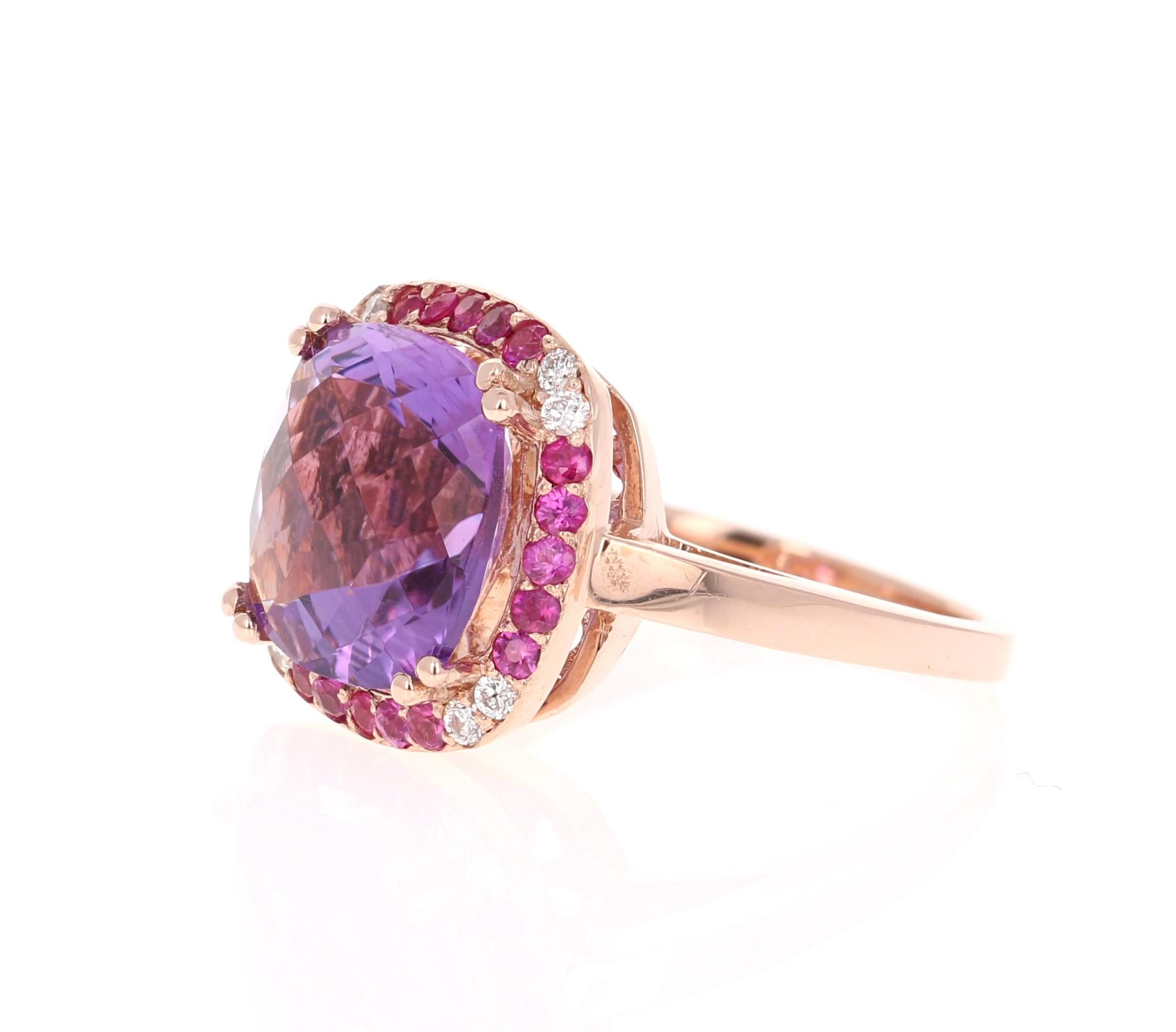 Modern 6.63 Carat Amethyst Pink Sapphire Diamond 14 Karat Rose Gold Cocktail Ring