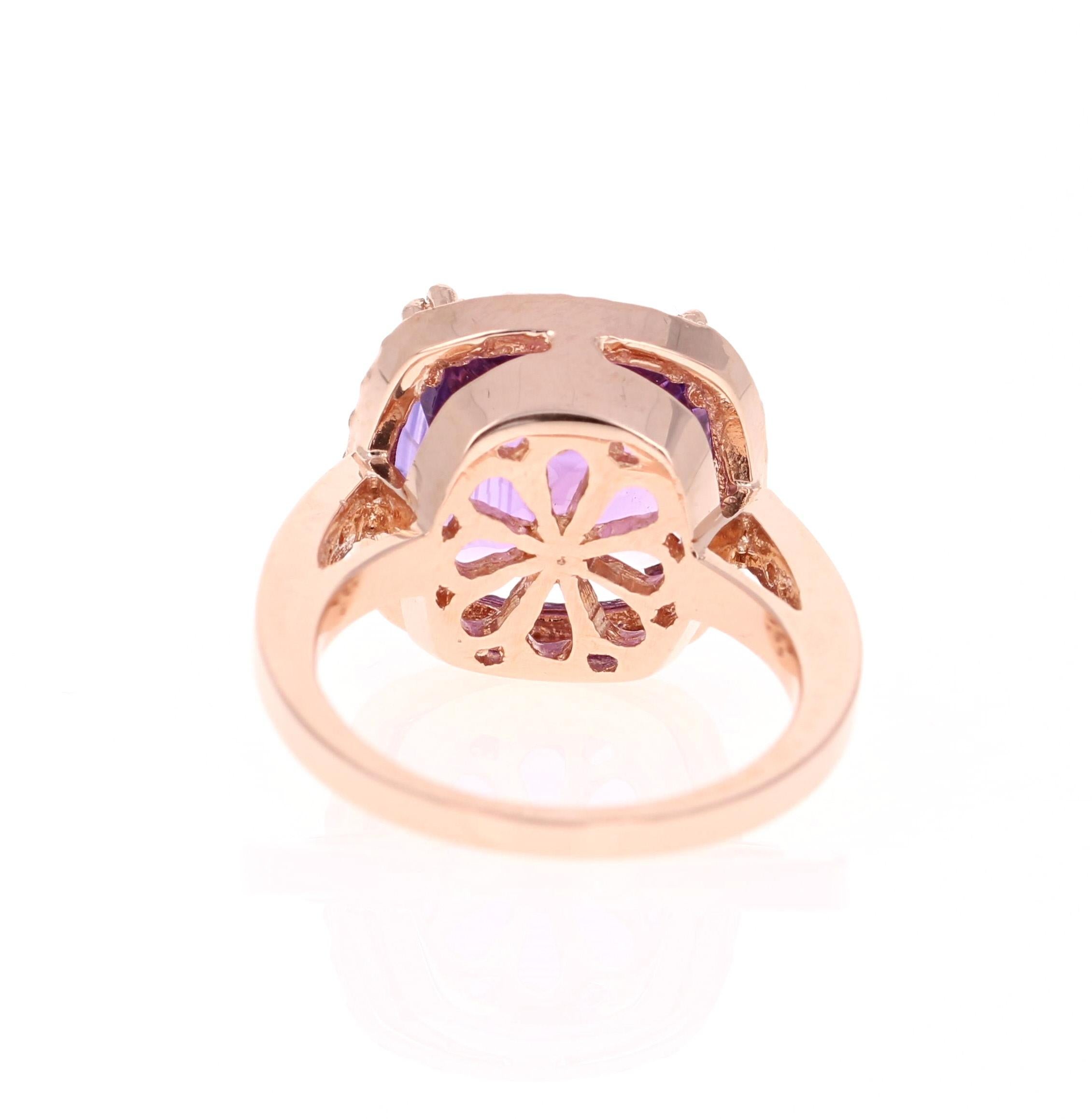 Cushion Cut 6.63 Carat Amethyst Pink Sapphire Diamond 14 Karat Rose Gold Cocktail Ring