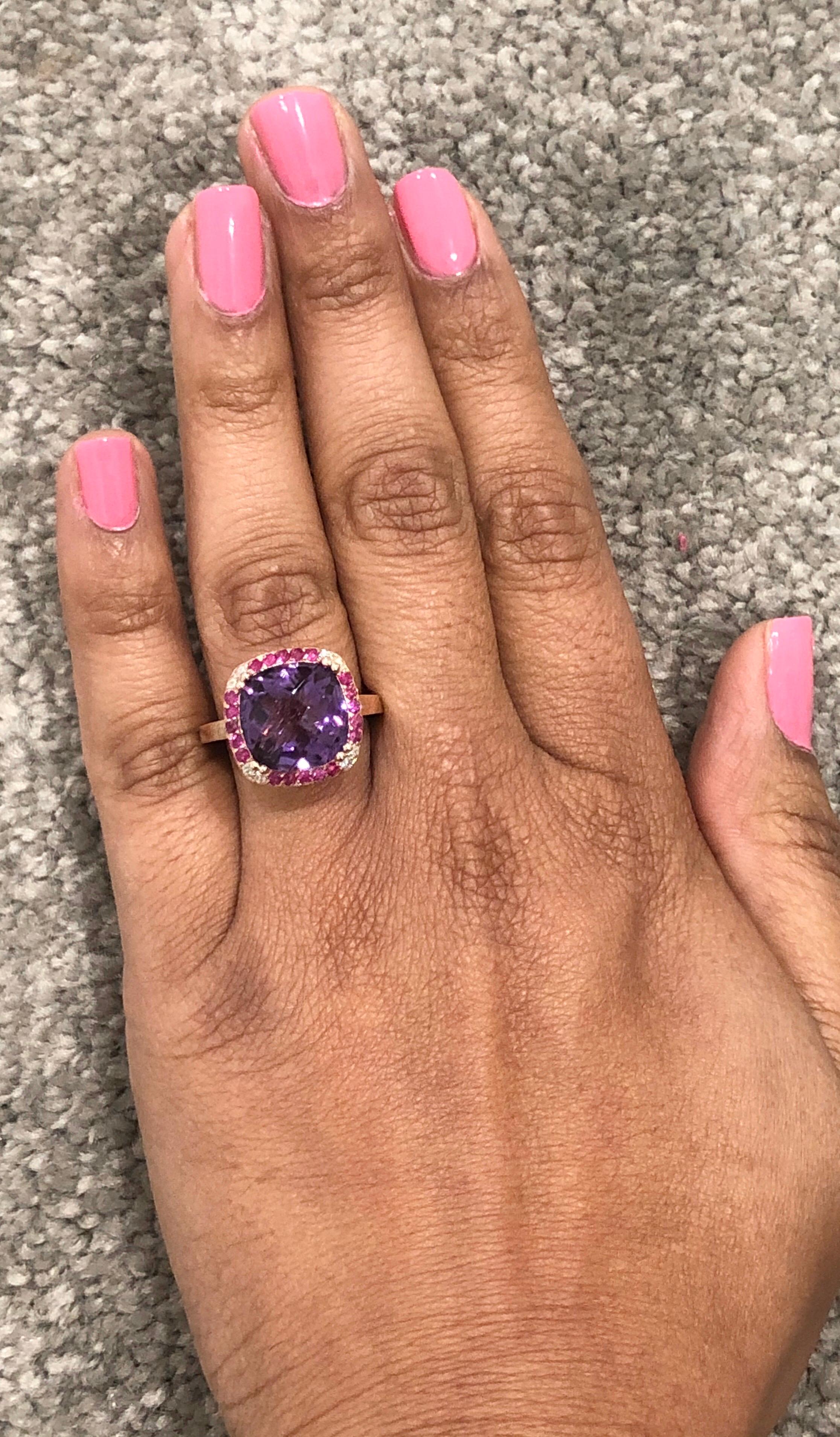 6.63 Carat Amethyst Pink Sapphire Diamond 14 Karat Rose Gold Cocktail Ring In New Condition In Los Angeles, CA