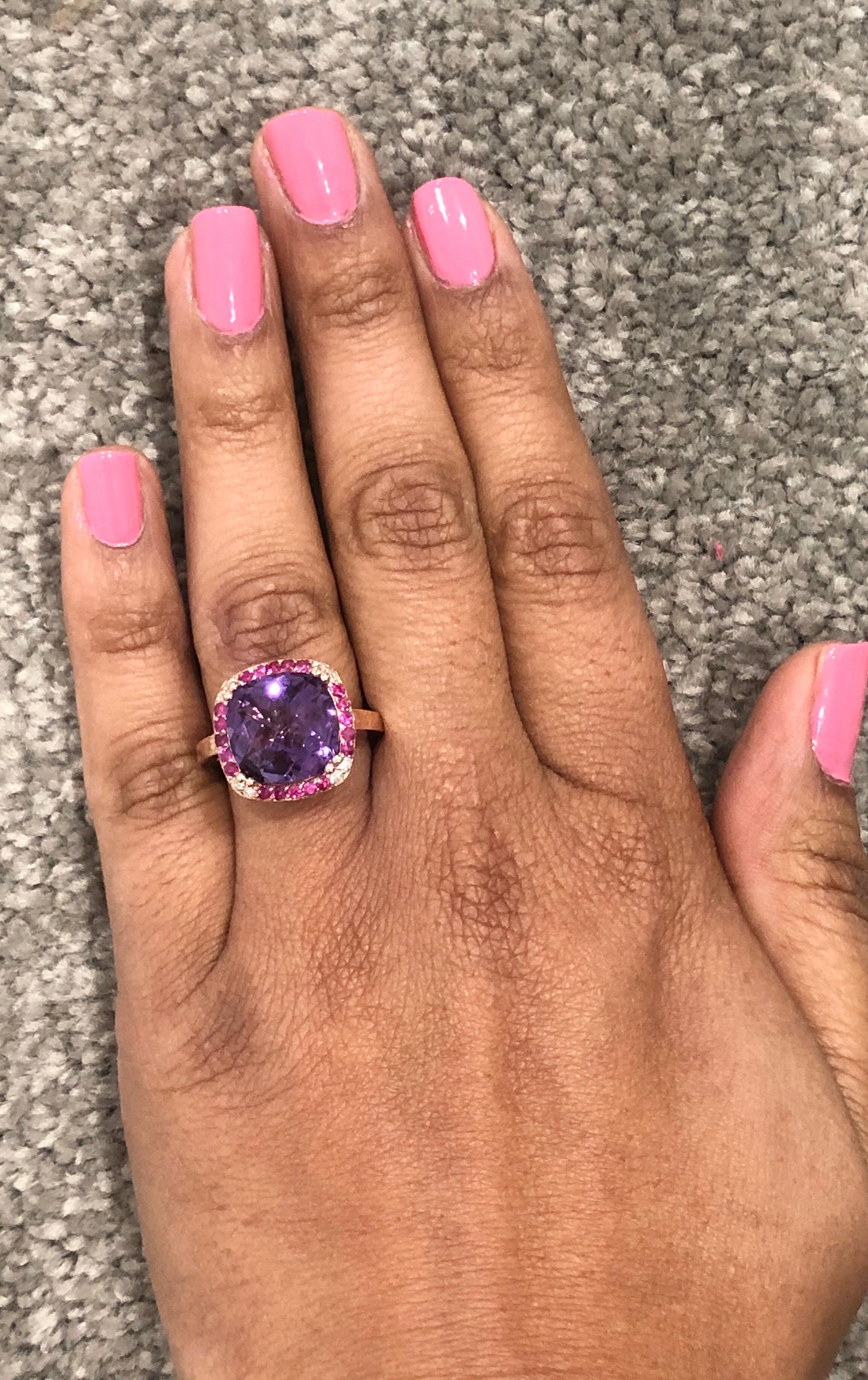 Women's 6.63 Carat Amethyst Pink Sapphire Diamond 14 Karat Rose Gold Cocktail Ring