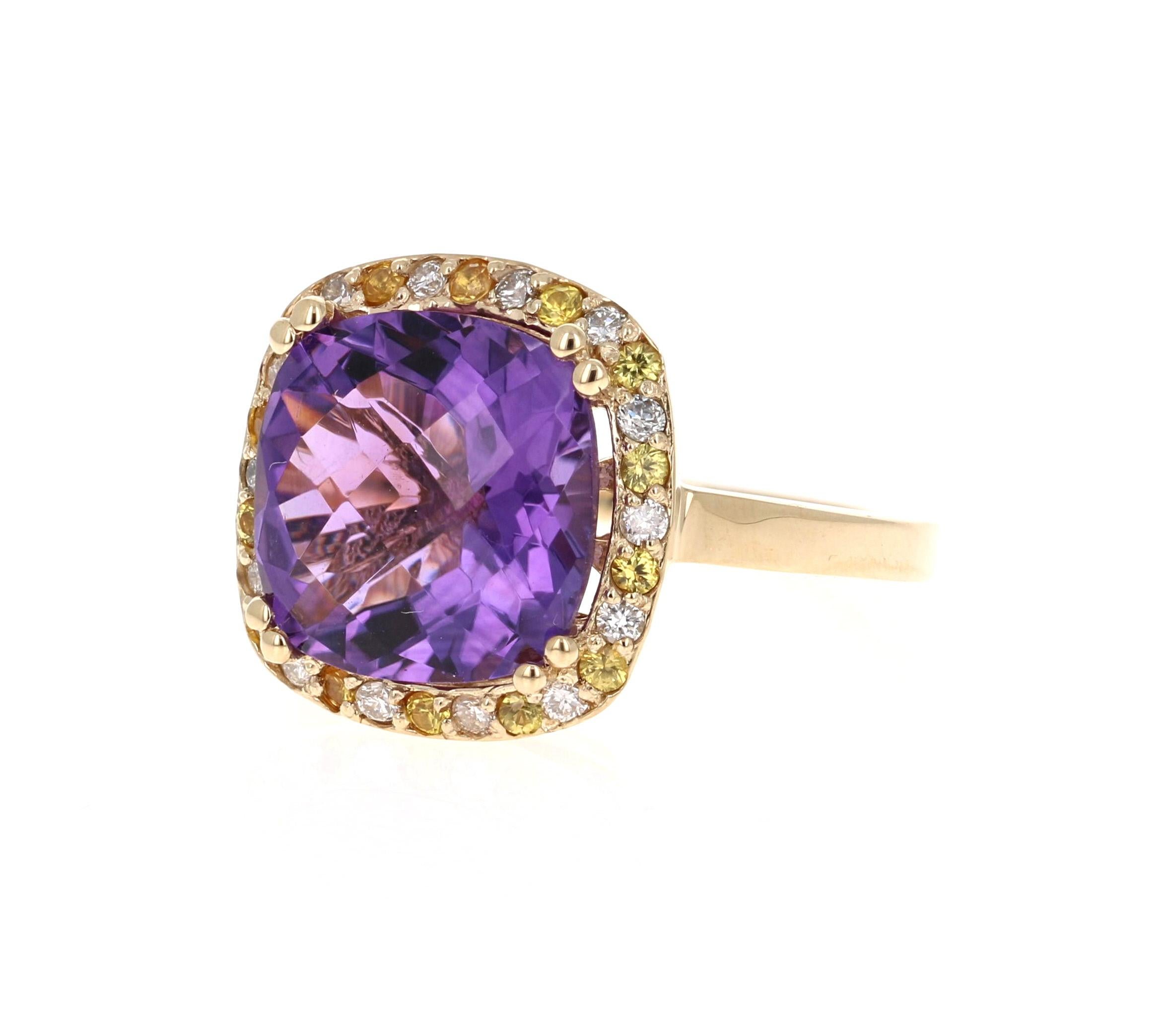 Amethyst, Yellow Sapphire, and Diamond Cocktail Ring! 

Playful yet Powerful! It's like having a piece of glittery candy on your finger! 

This ring has a Checkers Cushion Cut Amethyst that weighs 6.47 Carats and is embellished with alternating 14