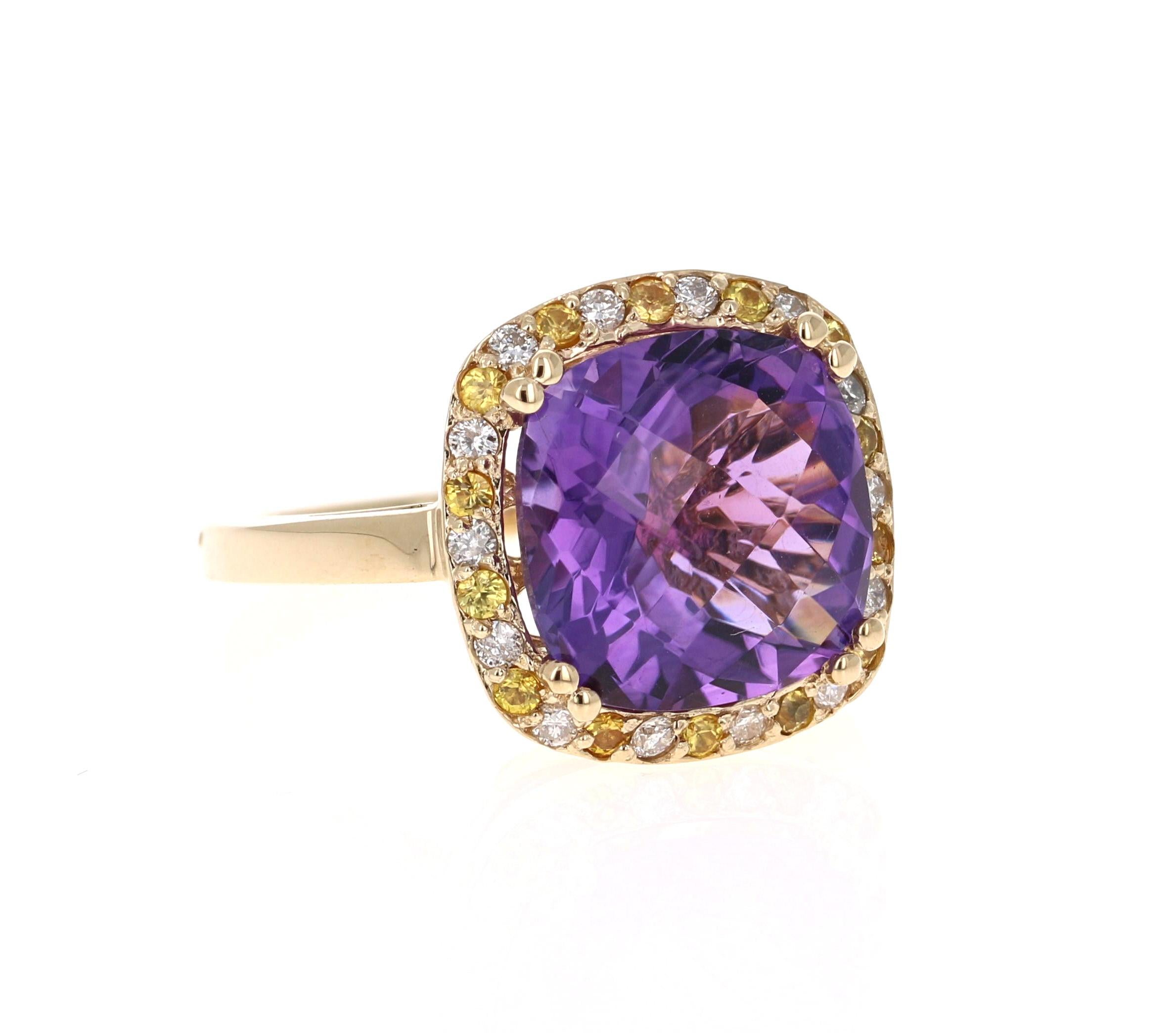 Contemporary 6.63 Carat Amethyst Yellow Sapphire Diamond Yellow Gold Cocktail Ring For Sale
