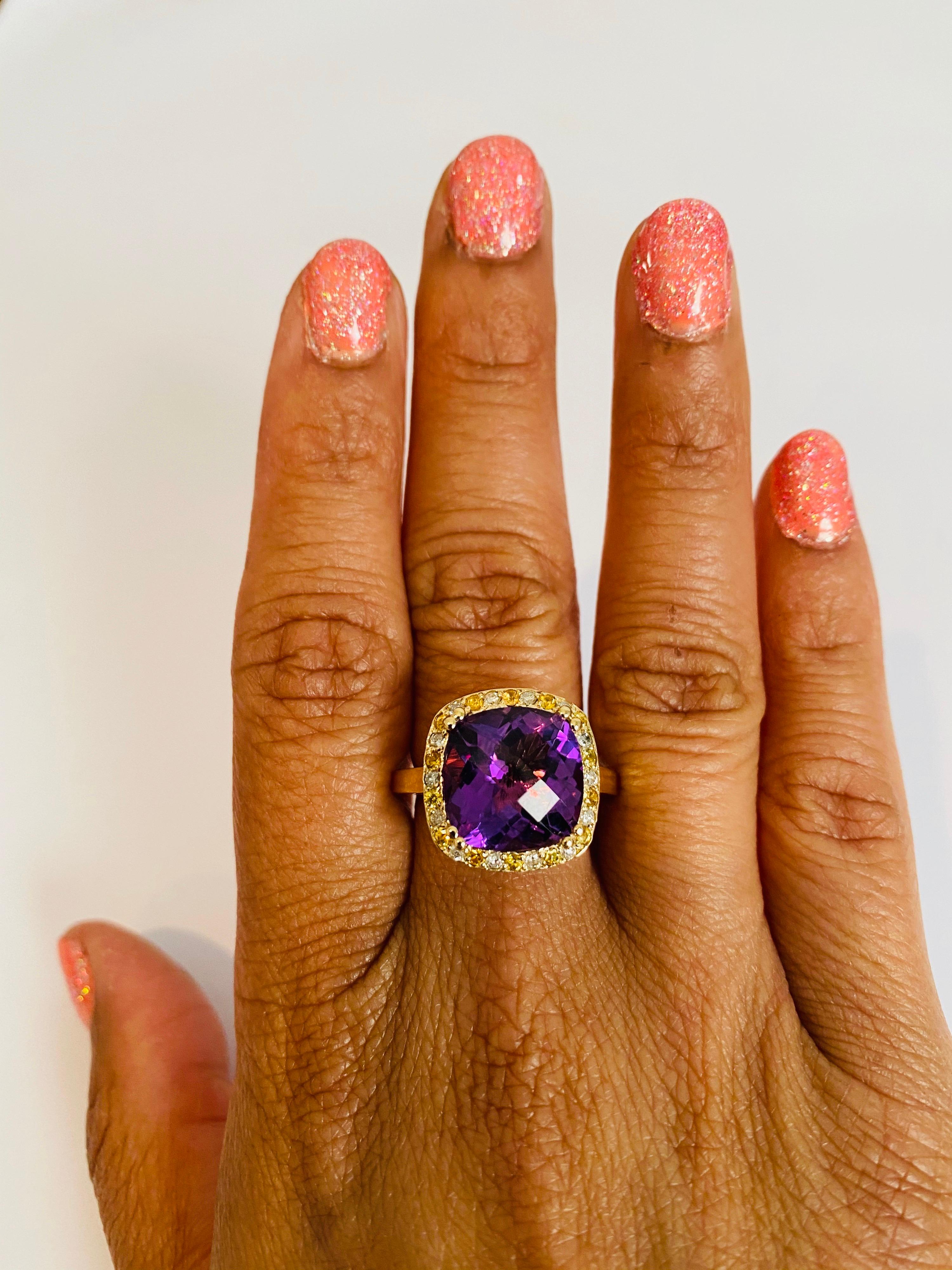 6.63 Carat Amethyst Yellow Sapphire Diamond Yellow Gold Cocktail Ring For Sale 1