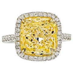 6.63 Carat Fancy Yellow Cushion Cut Halo Set Diamond Engagement Ring