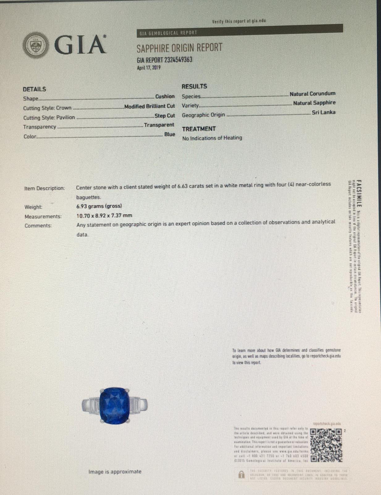 6.63 Carat Sri Lanka Sapphire GIA Certified Sri Lanka Diamond Ring Cushion Cut In New Condition In Hong Kong, Hong Kong