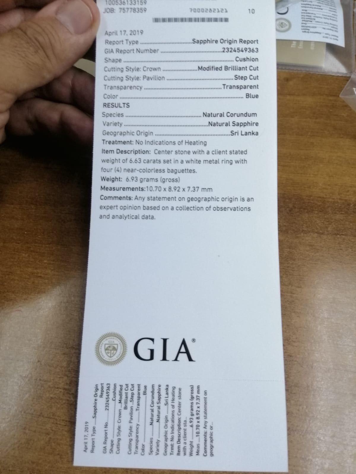 6.63 Carat Sri Lanka Sapphire GIA Certified Sri Lanka Diamond Ring Cushion Cut 1