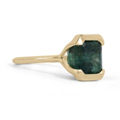 6.63 Carat Sea Bluish-Green Emerald Half Bezel Solitaire Yellow Gold Ring 14K