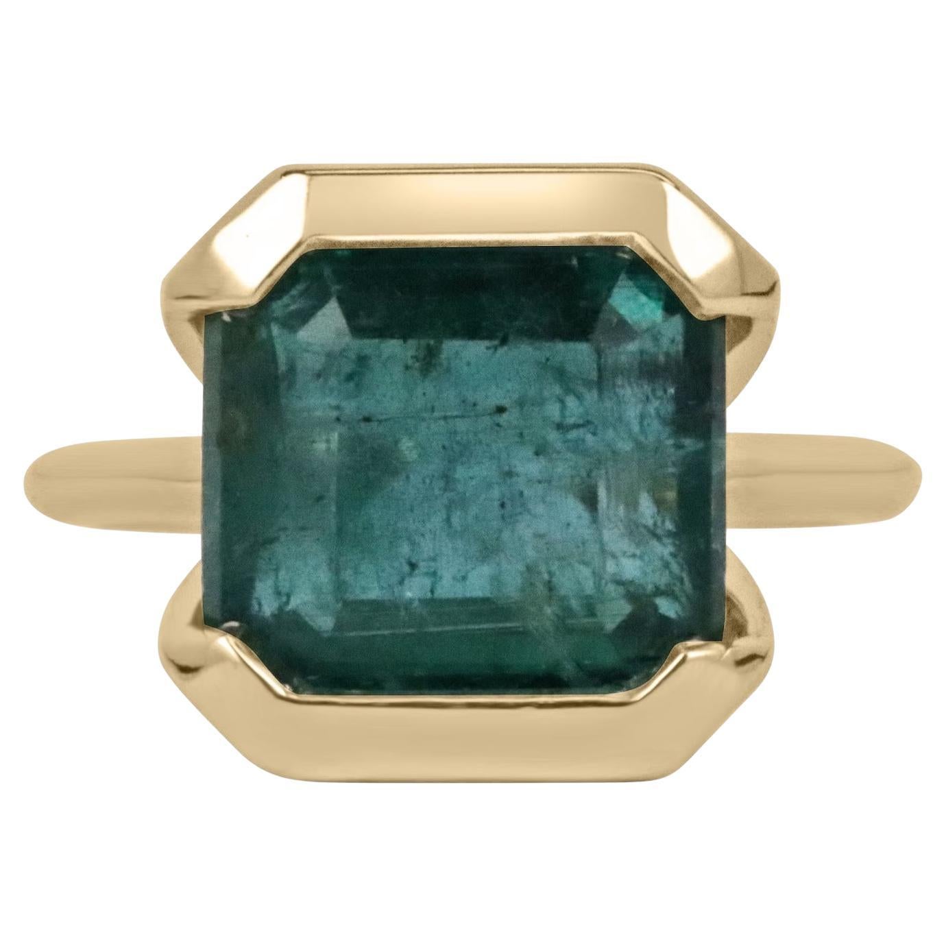 6.63 Carat Sea Bluish-Green Emerald Half Bezel Solitaire Yellow Gold Ring 14K