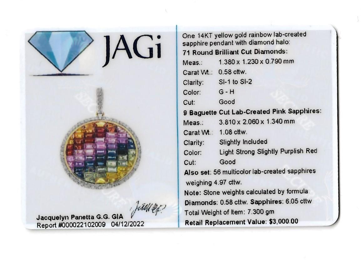6.63 Carats Total Rainbow Sapphire and Halo Diamond Pendant in 14 Karat Gold For Sale 4