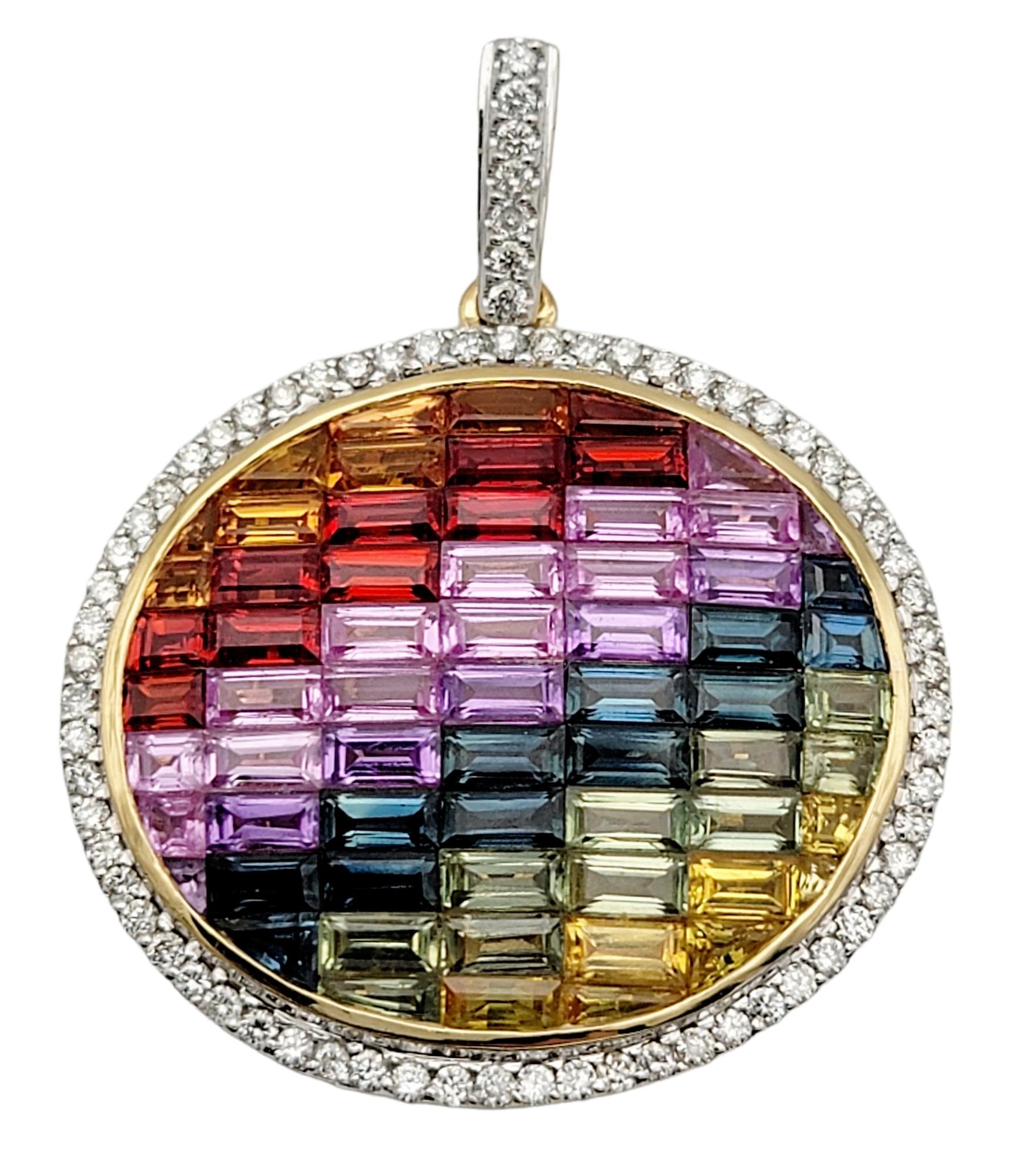 Contemporary 6.63 Carats Total Rainbow Sapphire and Halo Diamond Pendant in 14 Karat Gold For Sale