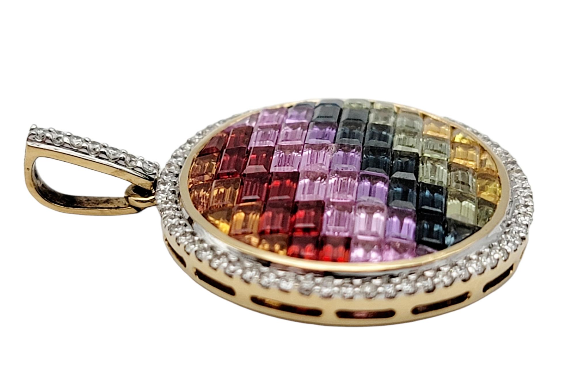 Baguette Cut 6.63 Carats Total Rainbow Sapphire and Halo Diamond Pendant in 14 Karat Gold For Sale
