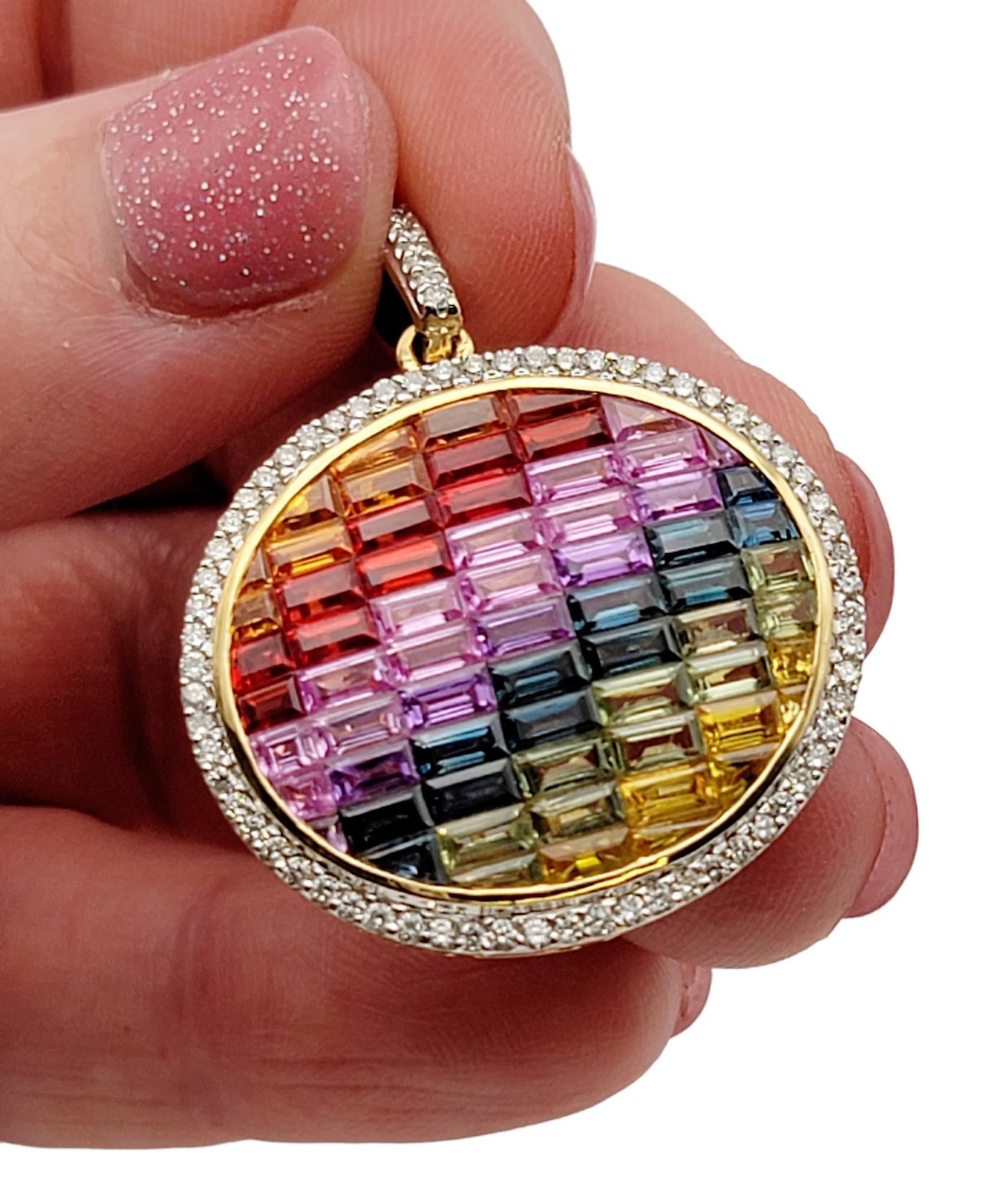 6.63 Carats Total Rainbow Sapphire and Halo Diamond Pendant in 14 Karat Gold For Sale 1
