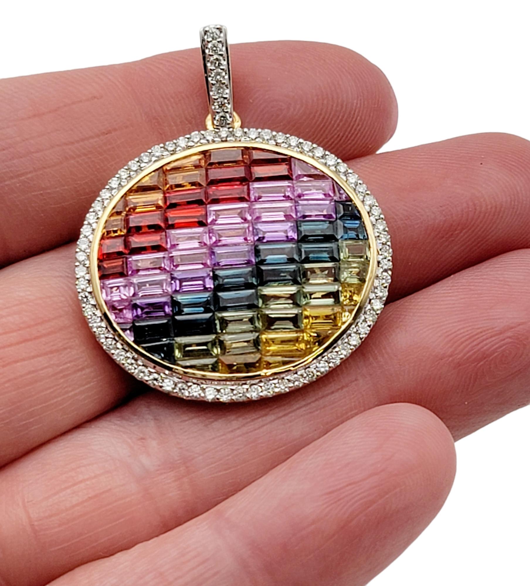 6.63 Carats Total Rainbow Sapphire and Halo Diamond Pendant in 14 Karat Gold For Sale 2
