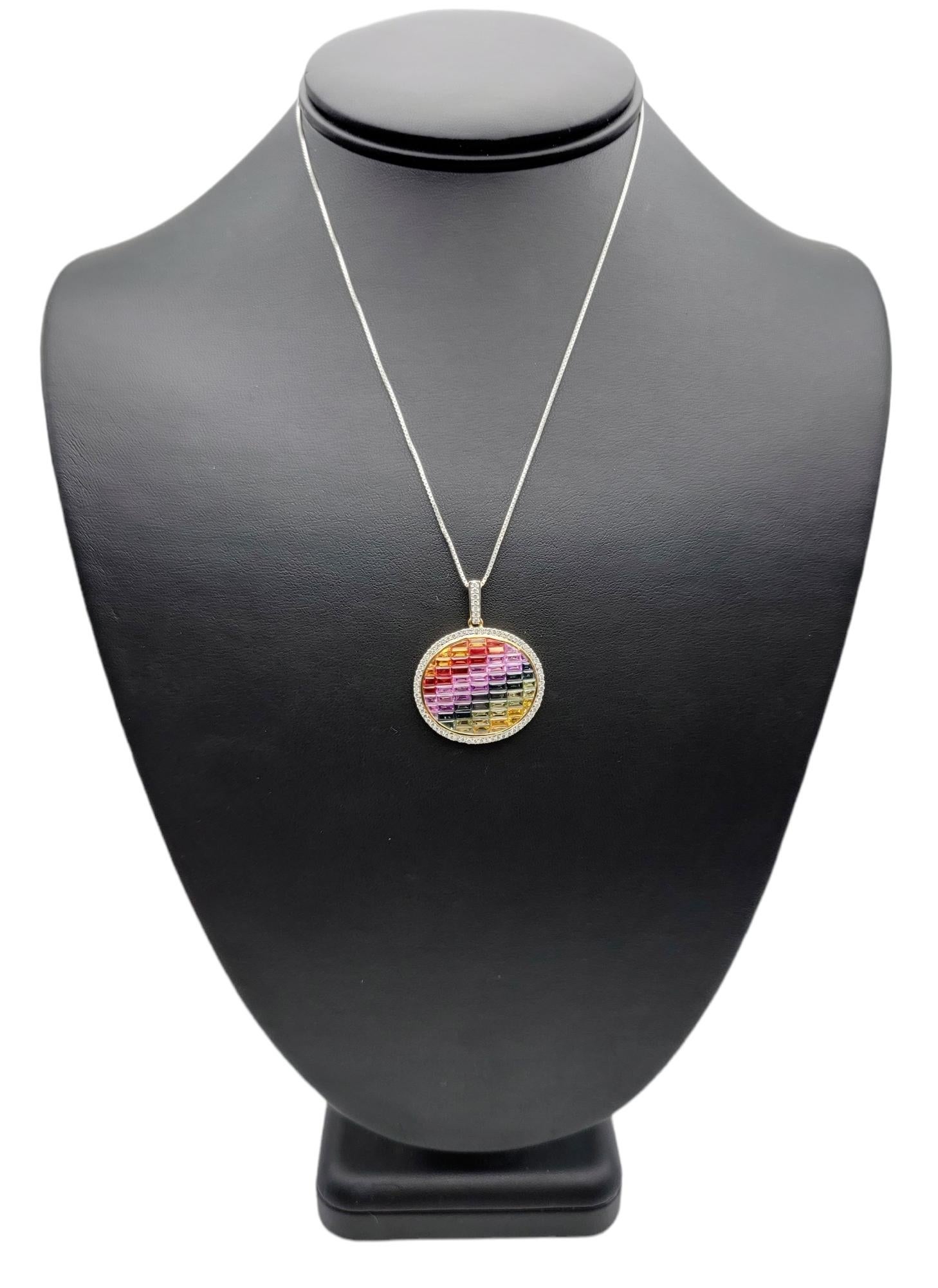 6.63 Carats Total Rainbow Sapphire and Halo Diamond Pendant in 14 Karat Gold For Sale 3
