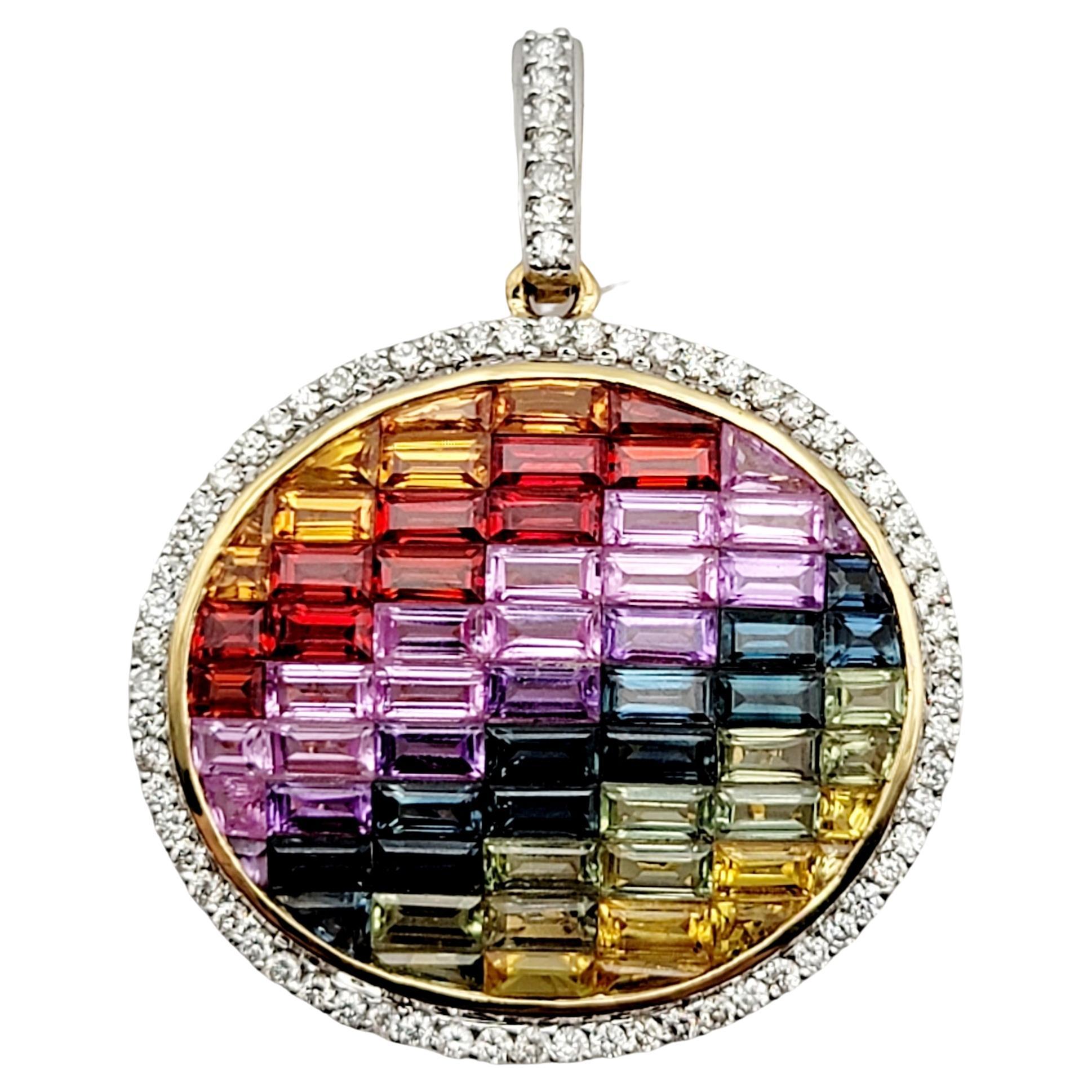6.63 Carats Total Rainbow Sapphire and Halo Diamond Pendant in 14 Karat Gold For Sale