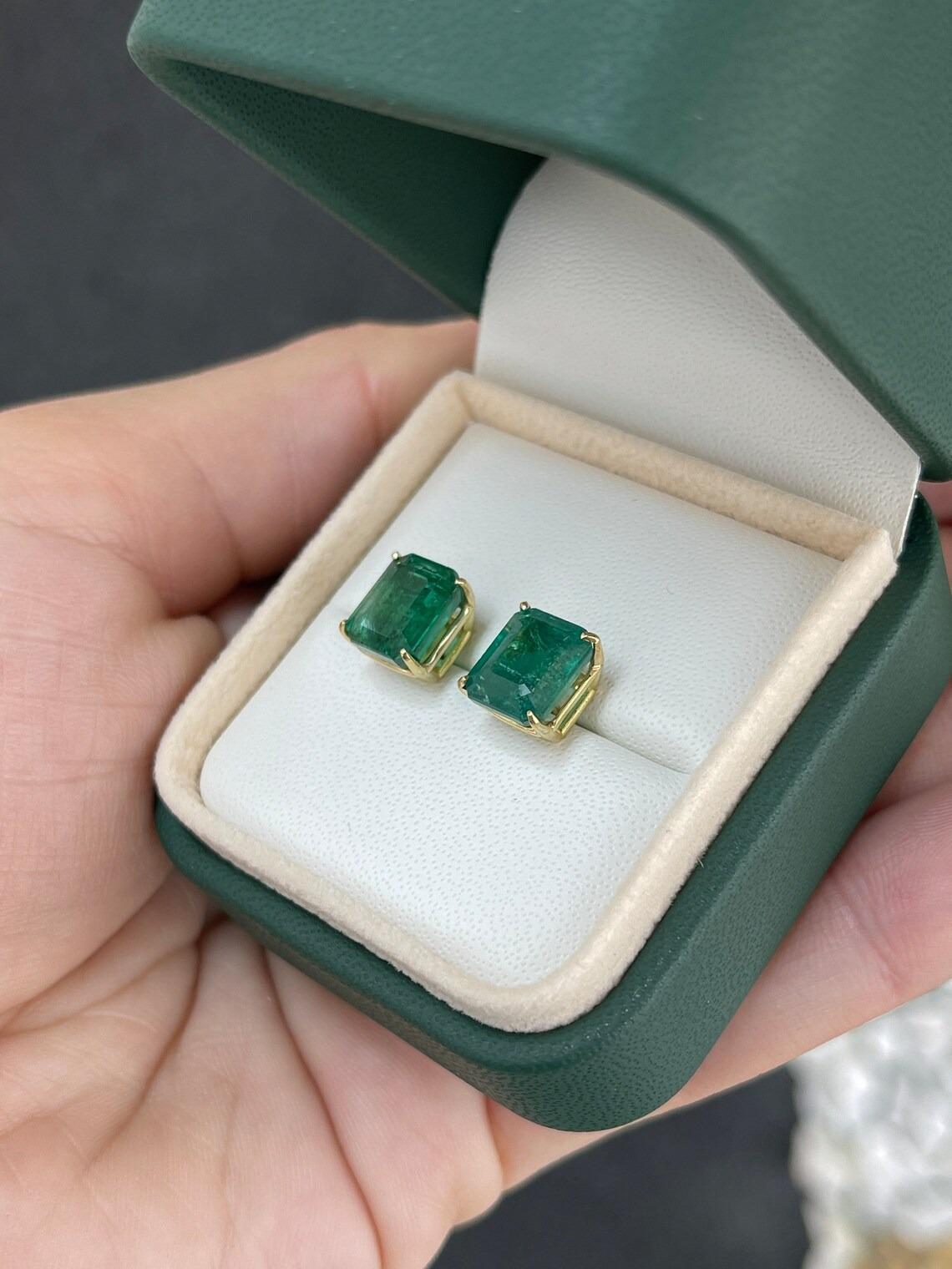 6.63tcw 18K Natural Rare Large Dark Green Emerald Cut Emerald Prong Set Studs In New Condition For Sale In Jupiter, FL