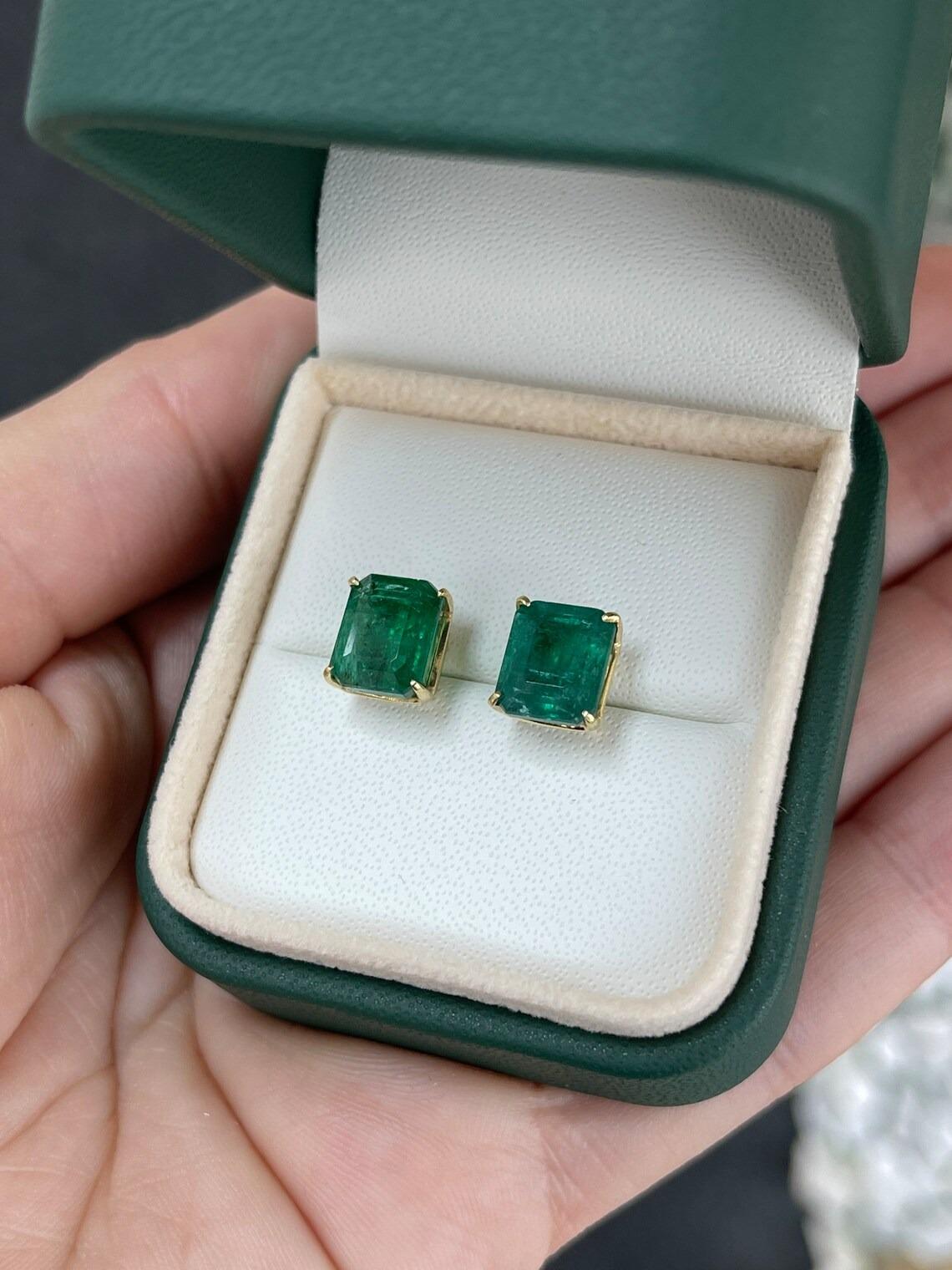 Women's 6.63tcw 18K Natural Rare Large Dark Green Emerald Cut Emerald Prong Set Studs For Sale