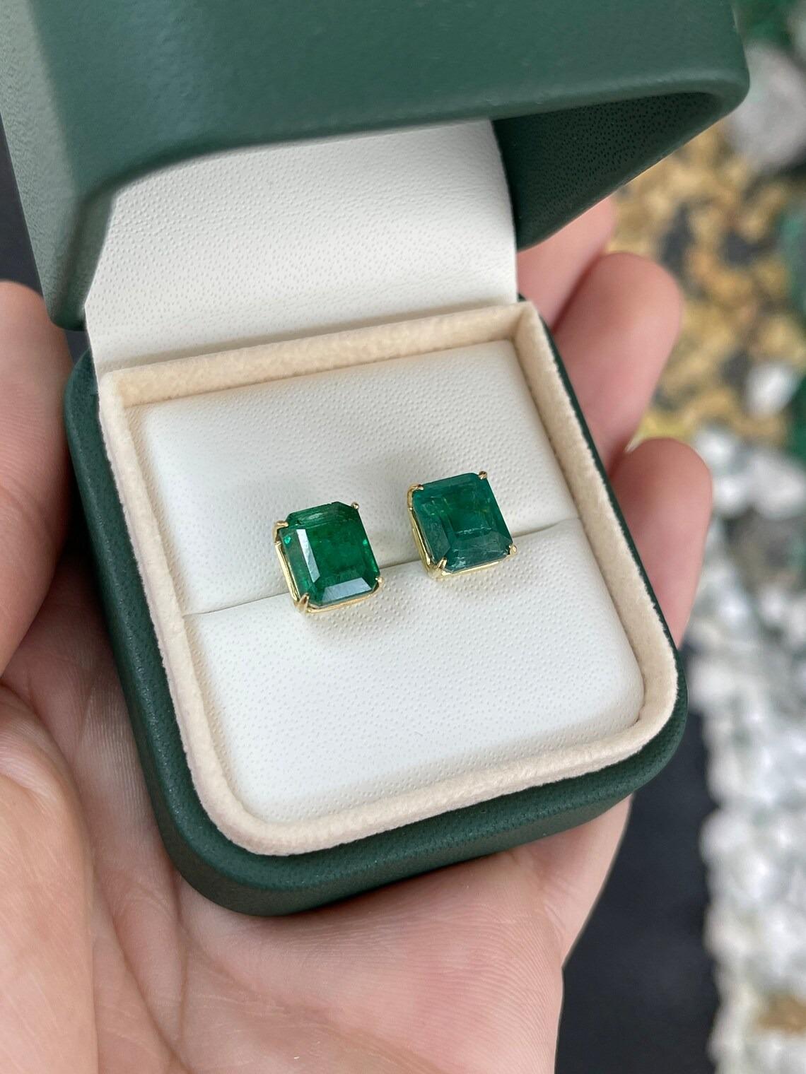 6.63tcw 18K Natural Rare Large Dark Green Emerald Cut Emerald Prong Set Studs For Sale 1