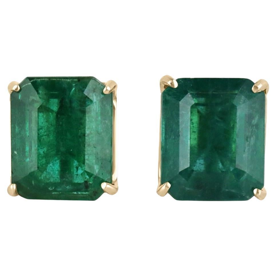 6.63tcw 18K Natural Rare Large Dark Green Emerald Cut Emerald Prong Set Studs For Sale