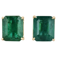 6.63tcw 18K Natural Rare Large Dark Green Emerald Cut Emerald Prong Set Studs