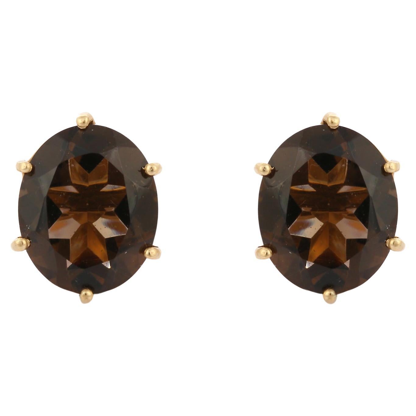 6.64 Carat Incised Smoky Quartz Studs Handcrafted in 14 Karat Yellow Gold For Sale