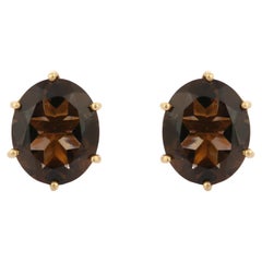 6.64 Carat Incised Smoky Quartz Studs Handcrafted in 14 Karat Yellow Gold