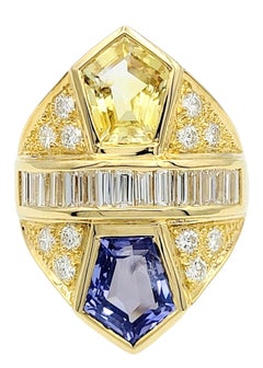 Pentagonal Blue & Yellow Sapphire Cocktail Ring with Diamonds 18K Yellow Gold
