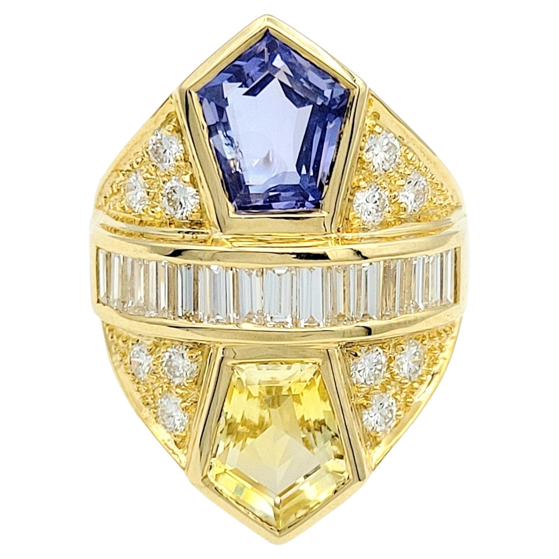 6.64 Carat Total Natural Sapphire & Diamond 18 Karat Yellow Gold Cocktail Ring  For Sale