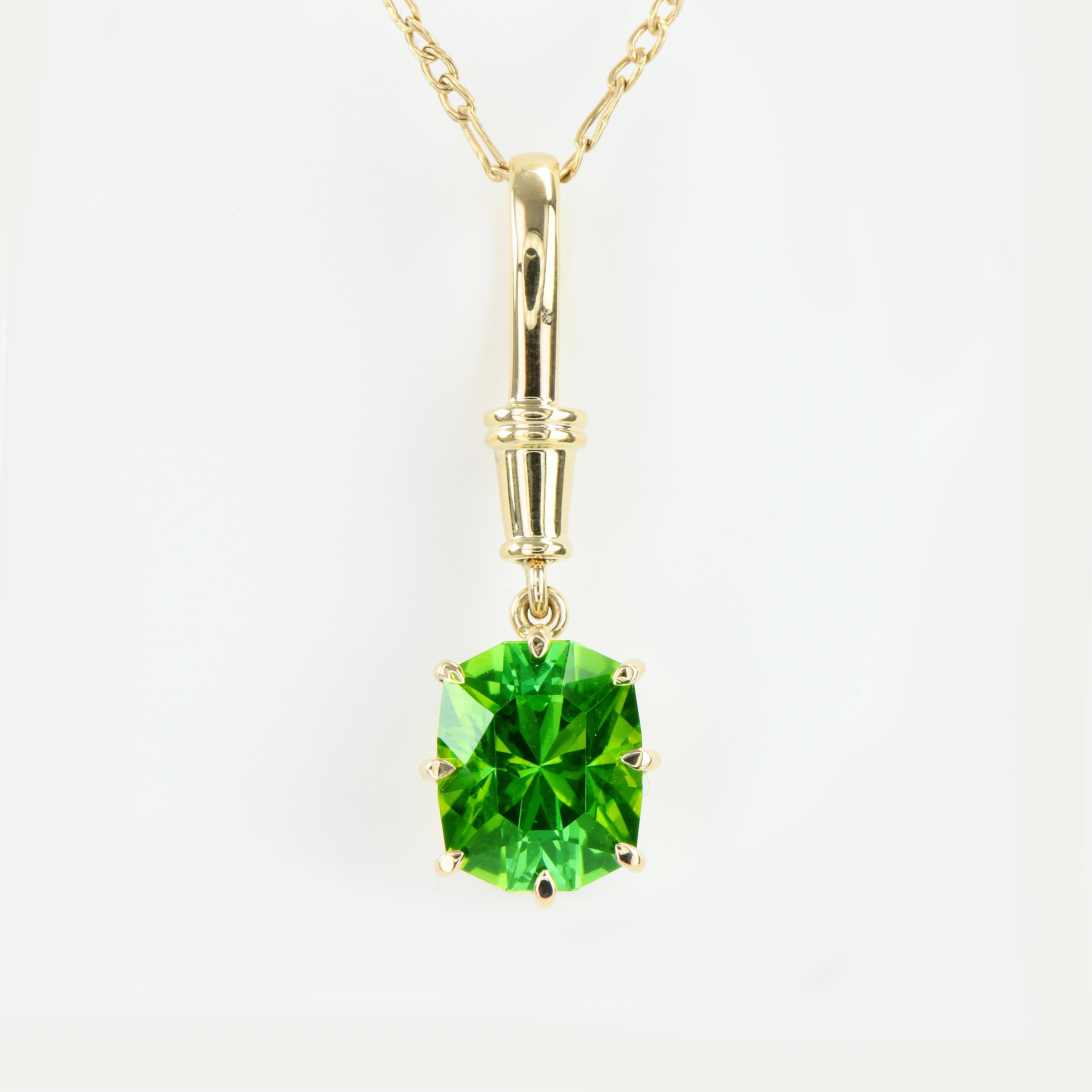 Brilliant Cut 6.64ct Green Tourmaline Pendant-Barion Cut, 18KT Yellow Gold, GIA Certified-Rare For Sale