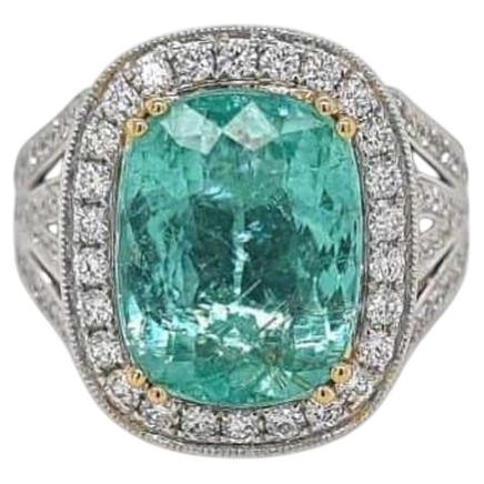 Anillo de turmalina Paraíba con contenido de cobre, de color azul verdoso neón intenso, de 6,64 ct, en oro de 18 quilates