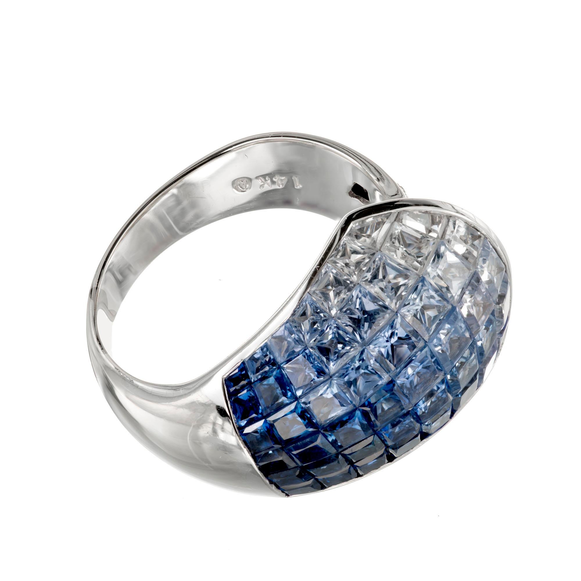 Square Cut 6.65 Carat Blue White Invisible Sapphire Diamond Gold Cocktail Ring For Sale