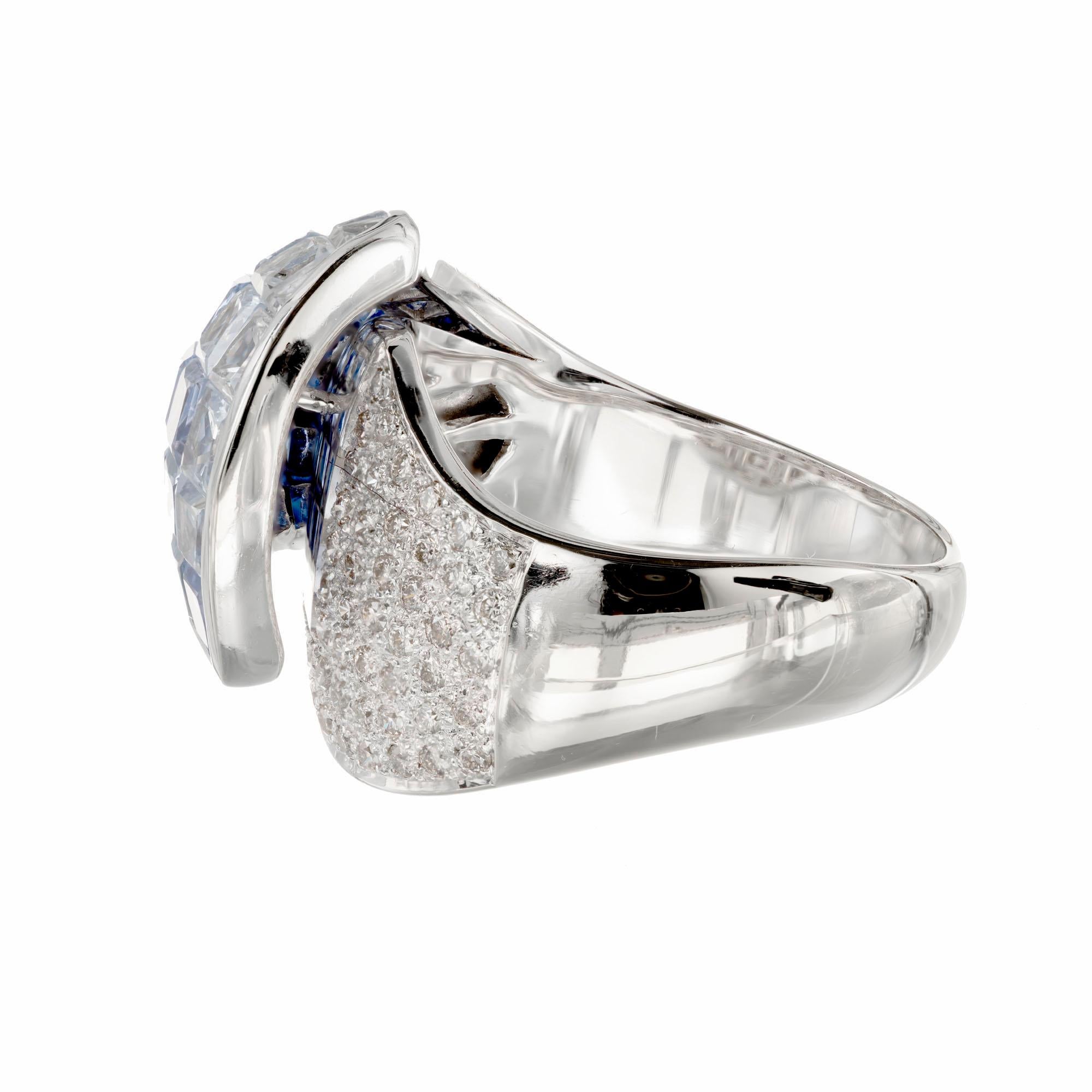 6.65 Carat Blue White Invisible Sapphire Diamond Gold Cocktail Ring In Excellent Condition For Sale In Stamford, CT