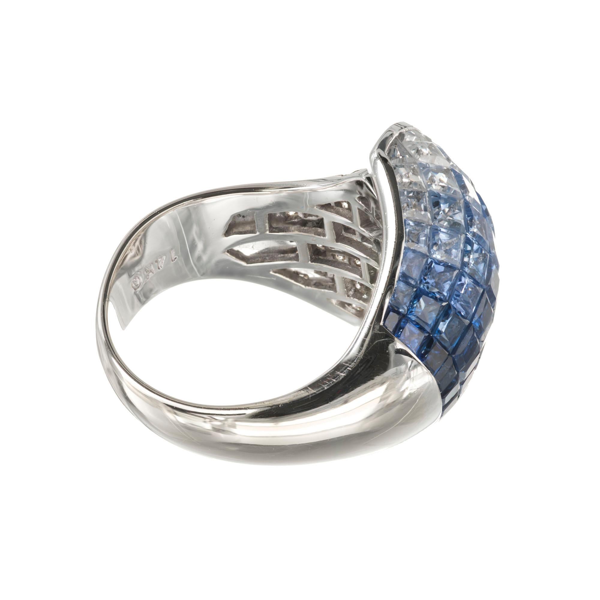 6.65 Carat Blue White Invisible Sapphire Diamond Gold Cocktail Ring For Sale 1