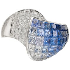 6.65 Carat Blue White Invisible Sapphire Diamond Gold Cocktail Ring