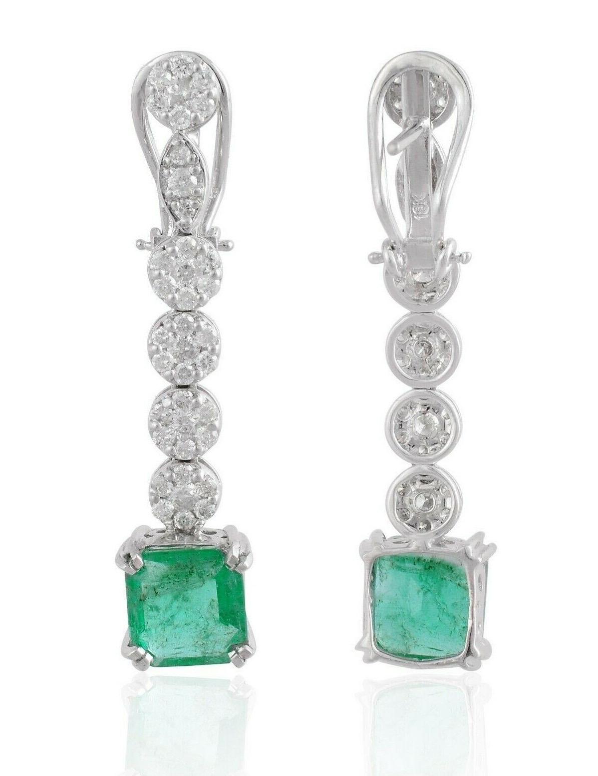 These beautiful earrings are handcrafted in 18-karat white gold. It is set in 6.65 carats emerald and 1.70 carats of sparkling diamonds.

FOLLOW MEGHNA JEWELS storefront to view the latest collection & exclusive pieces. Meghna Jewels is proudly