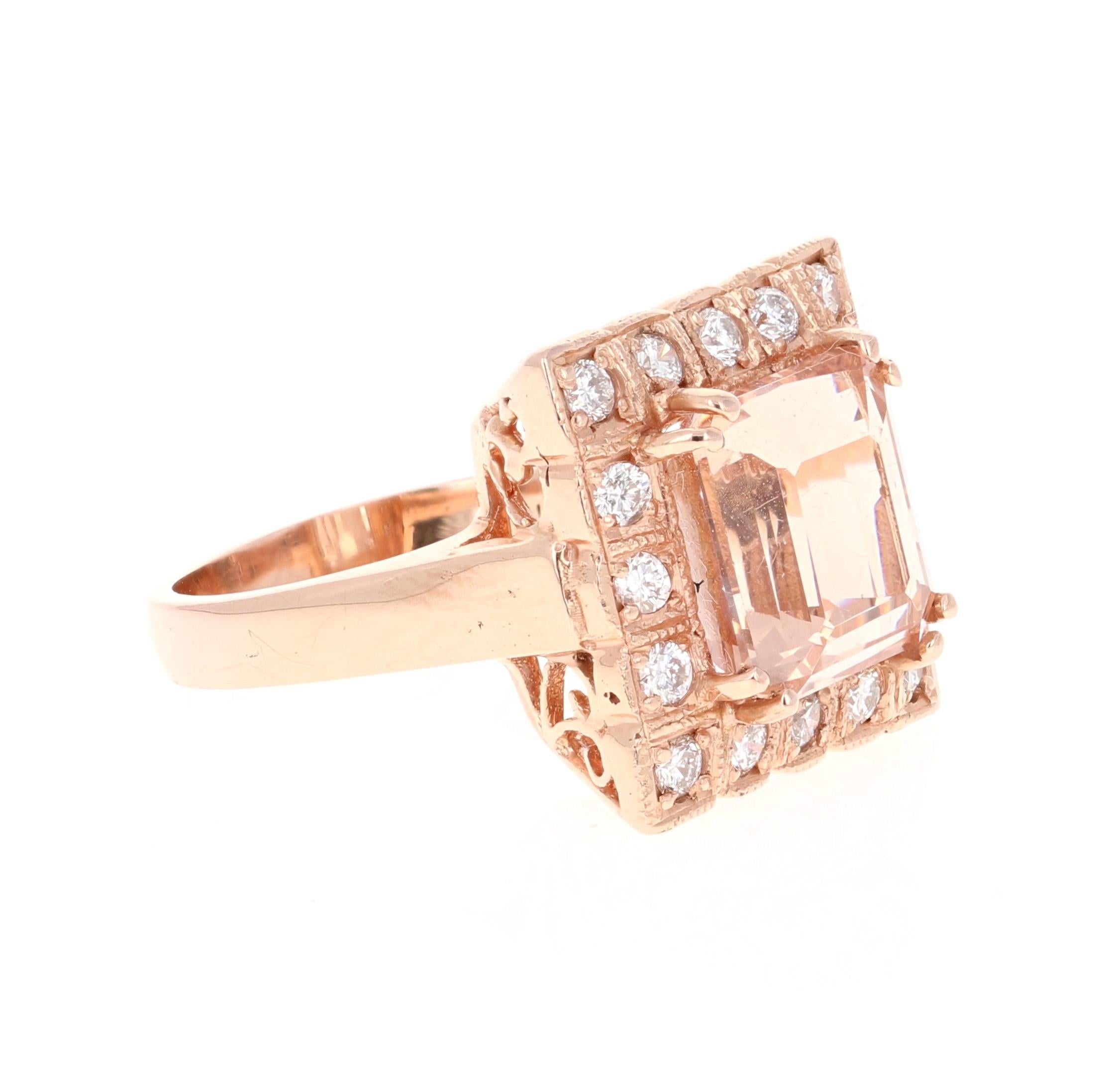 This Morganite ring has a 6.06 Carat Square-Emerald Cut Morganite and is surrounded by 16 Round Cut Diamonds that weigh 0.59 Carats. The total carat weight of the ring is 6.65 Carats.  

It is set in 14 Karat Rose Gold and weighs approximately 8.3