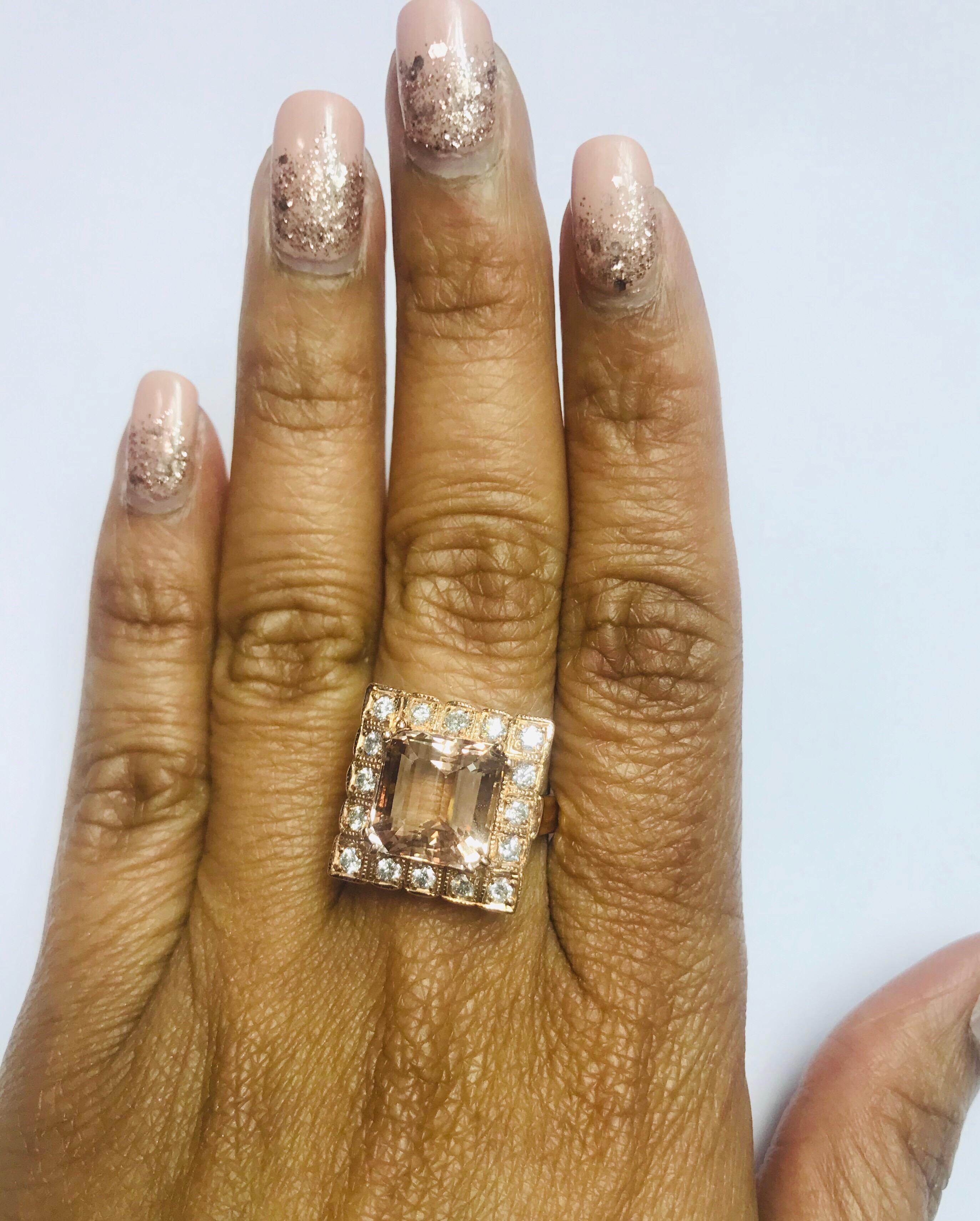 6.65 Carat Morganite Diamond 14 Karat Rose Gold Cocktail Ring In New Condition For Sale In Los Angeles, CA
