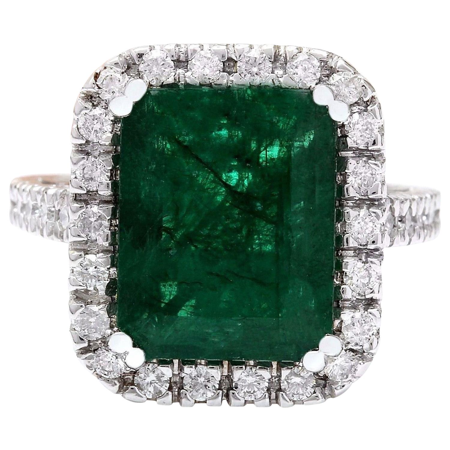 Emerald Diamond Ring In 14 Karat Solid White Gold  For Sale