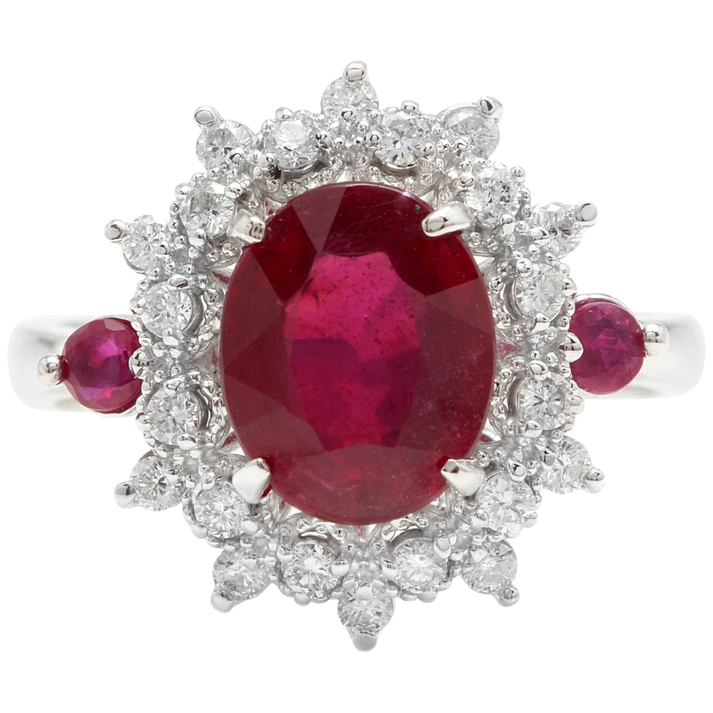 6.65 Carat Natural Red Ruby and Diamond 14 Karat Solid White Gold Ring