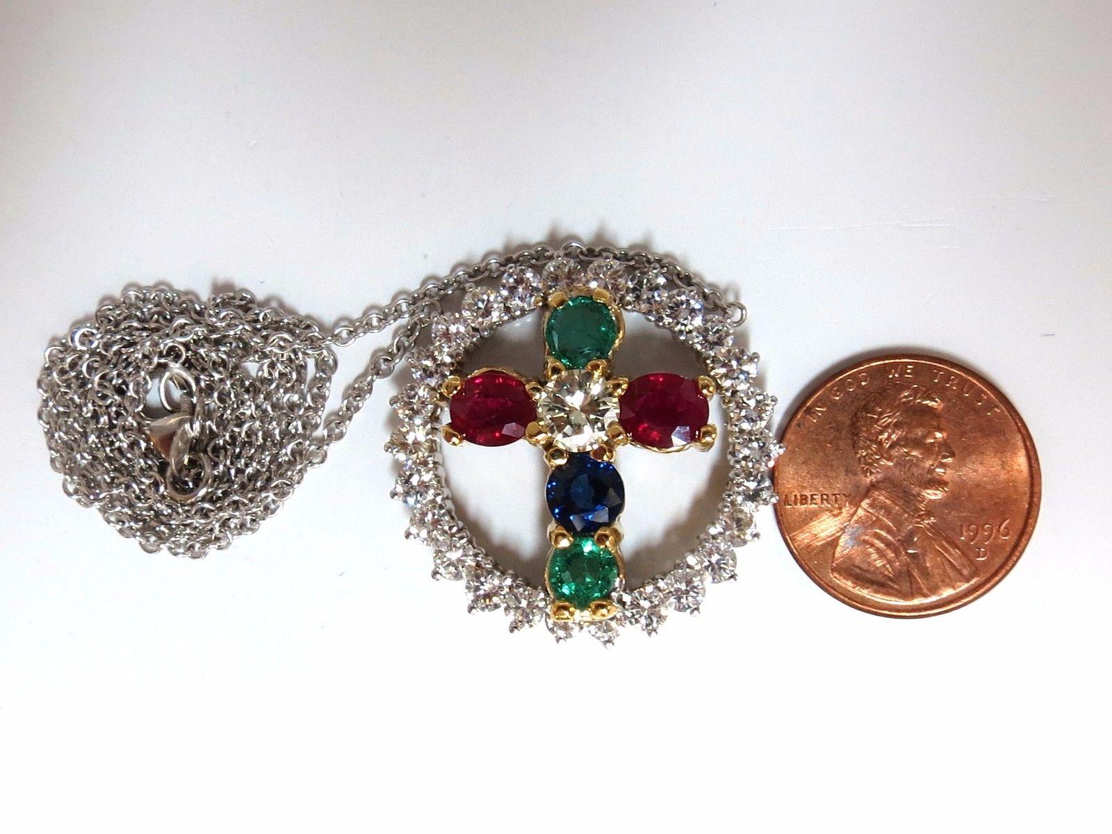 Women's or Men's 6.65 Carat Natural Ruby Emerald Sapphire Diamonds Cross 14 Karat