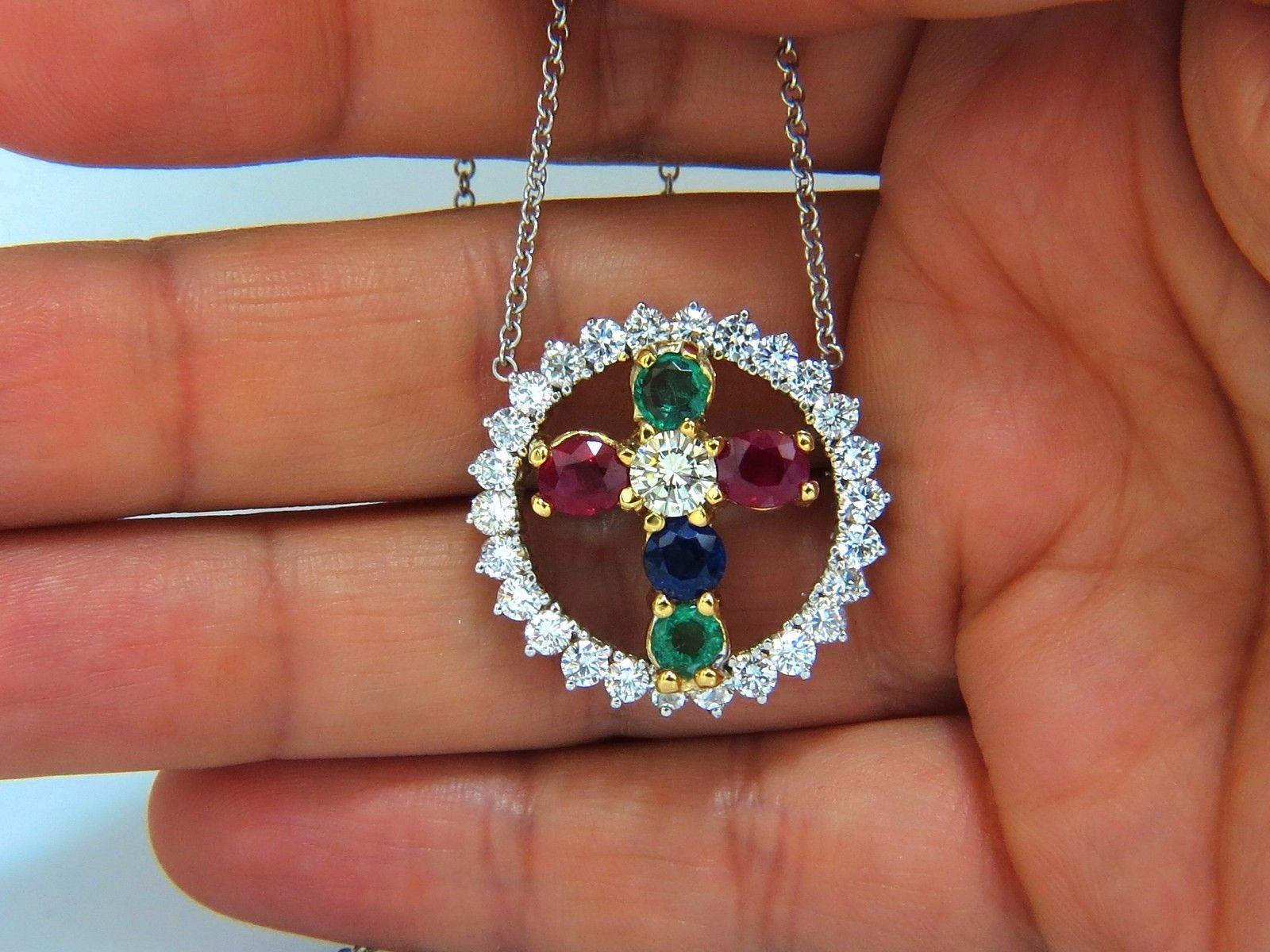 6.65 Carat Natural Ruby Emerald Sapphire Diamonds Cross 14 Karat 1