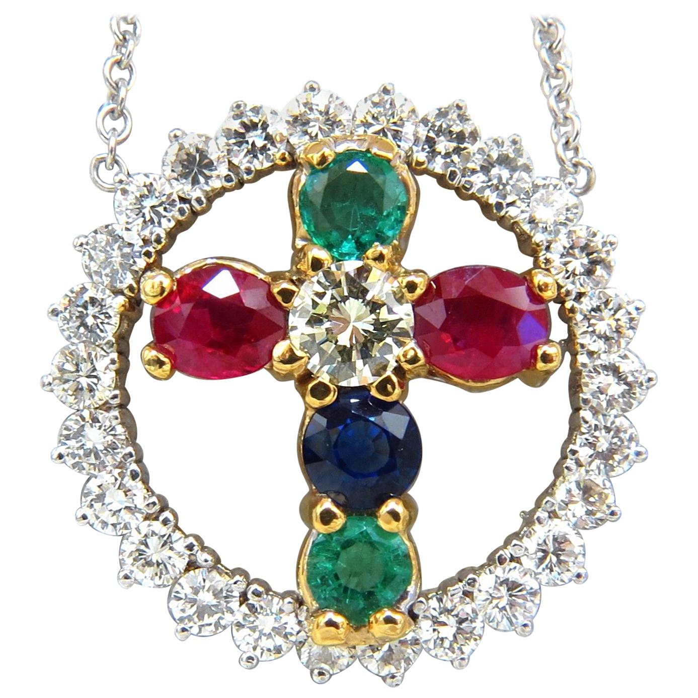 6.65 Carat Natural Ruby Emerald Sapphire Diamonds Cross 14 Karat