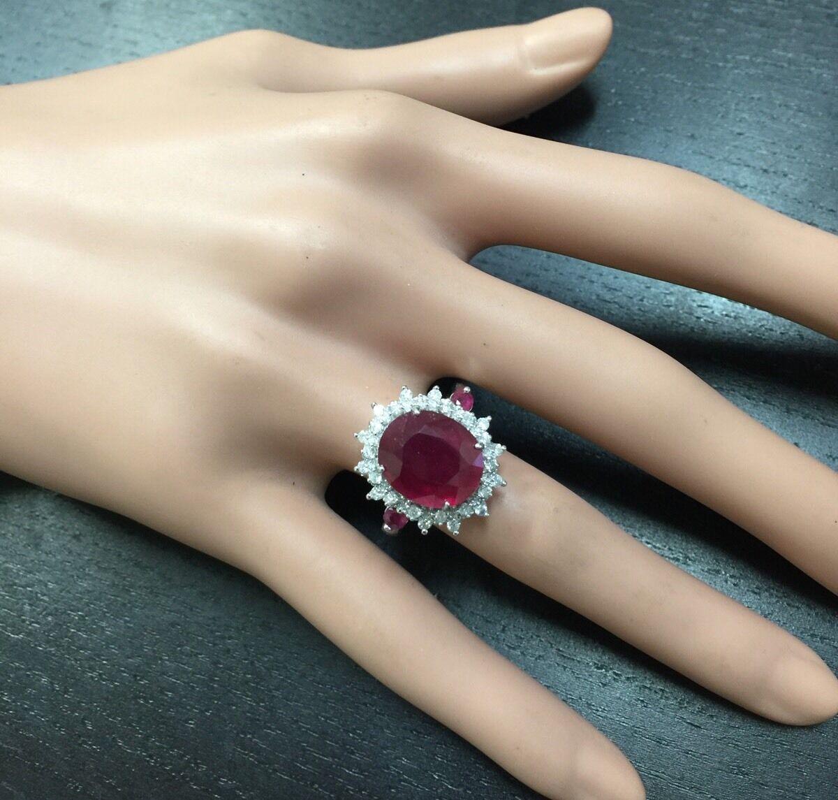 Women's 6.65 Carat Natural Red Ruby and Diamond 14 Karat Solid White Gold Ring For Sale