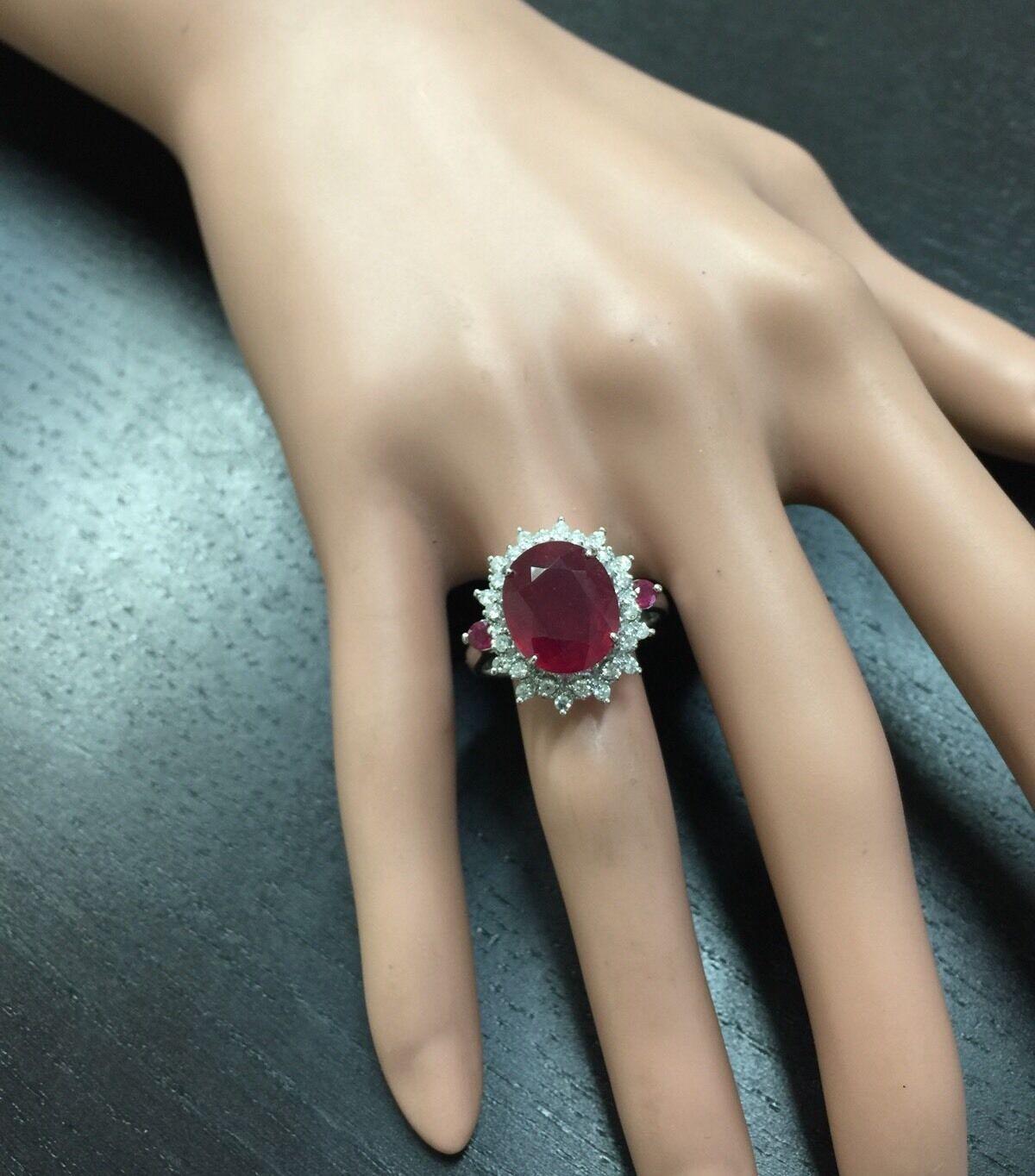 6.65 Carat Natural Red Ruby and Diamond 14 Karat Solid White Gold Ring For Sale 2