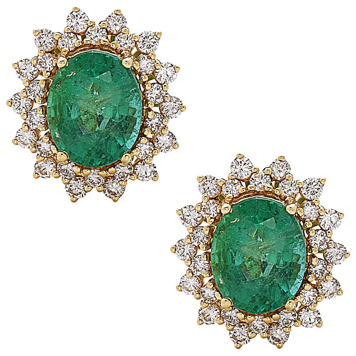 6.65ct Oval Shaped Zambian Emerald Stud Earrings With Diamonds Made In 18k Gold For Sale