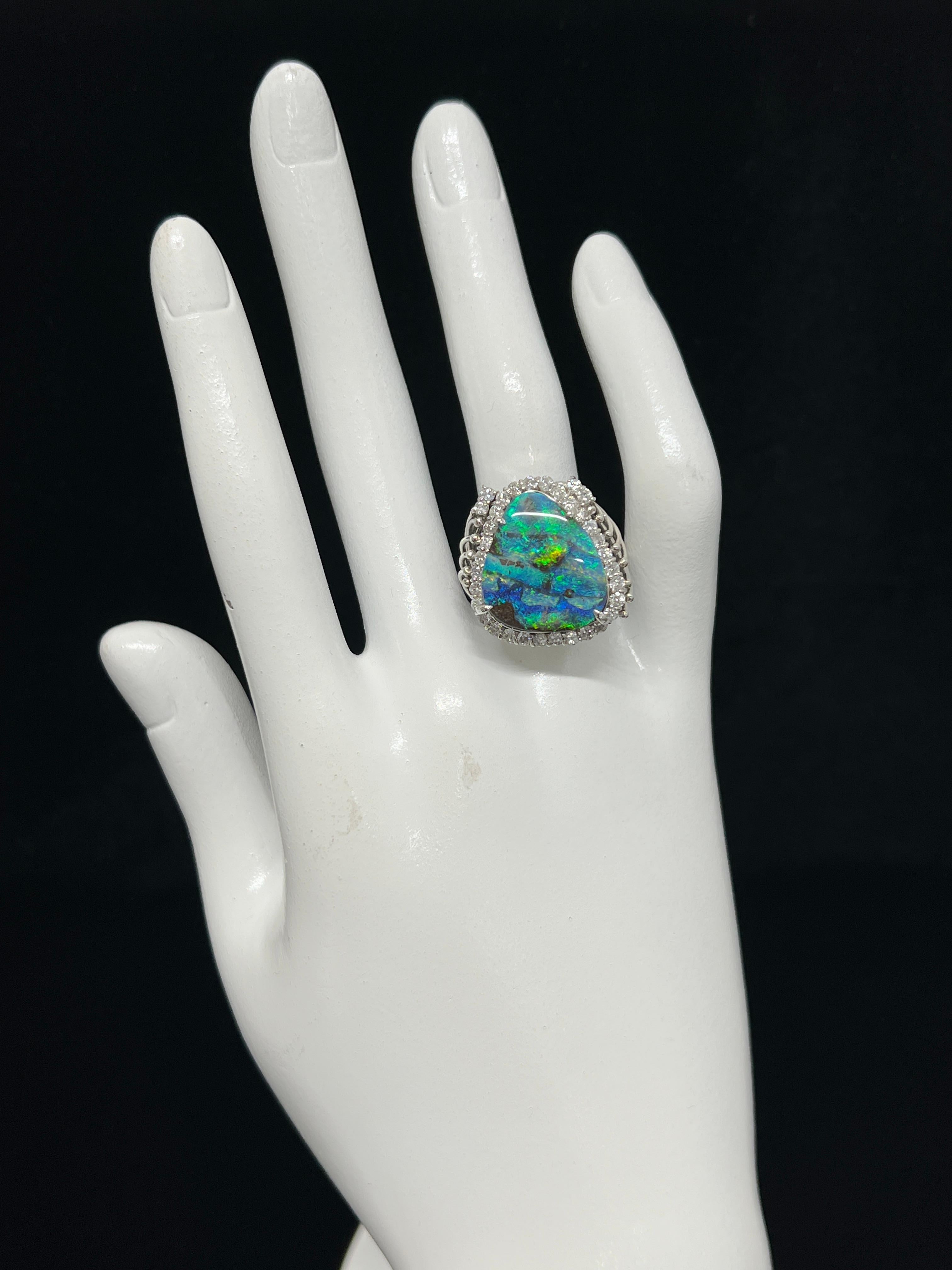 Women's 6.66 Carat Australian Boulder Opal and Diamond Cocktail Ring set in Platinum For Sale