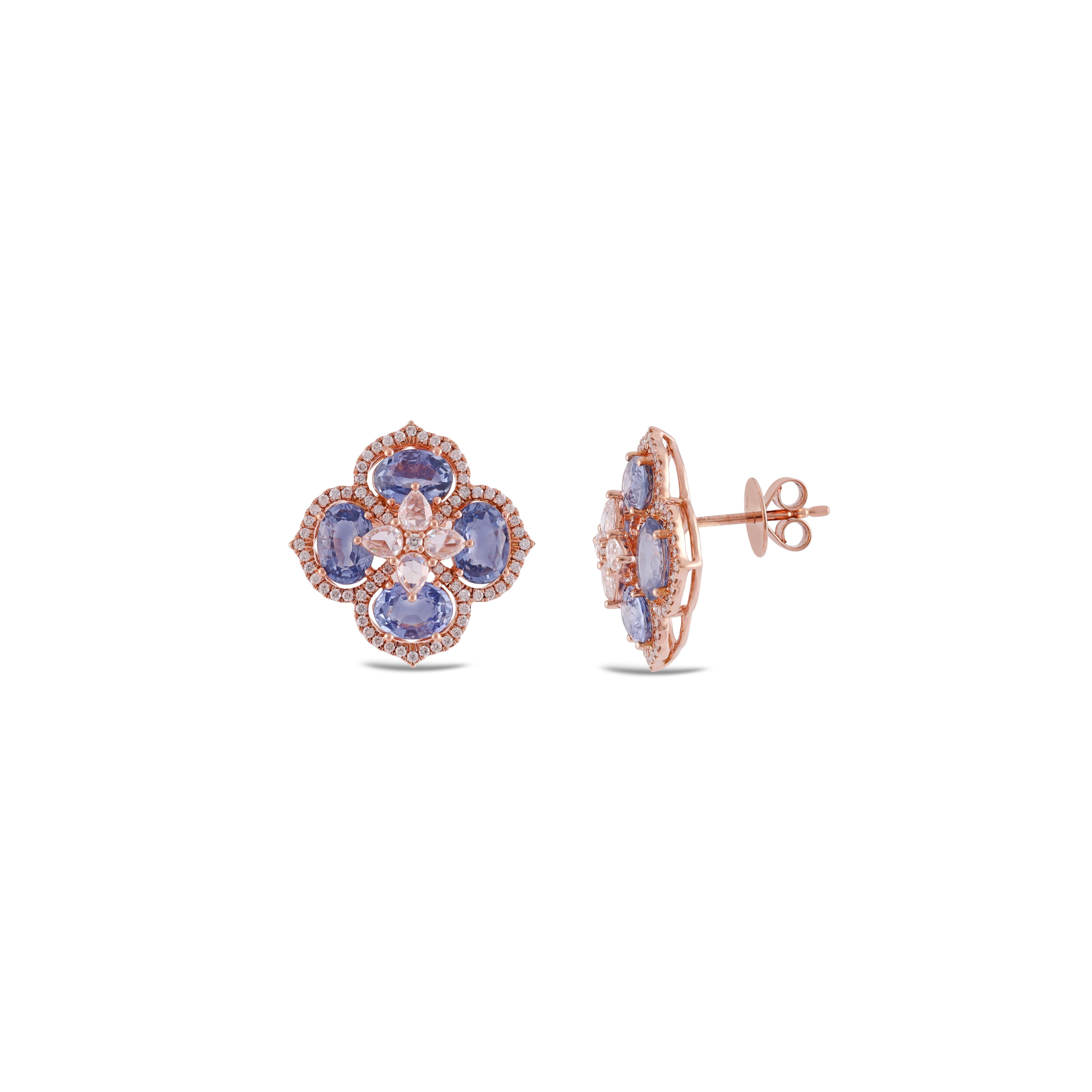 Contemporary 6.66 Carat Blue Sapphire & Diamond Flower Earrings Studs in 18k Rose Gold . For Sale