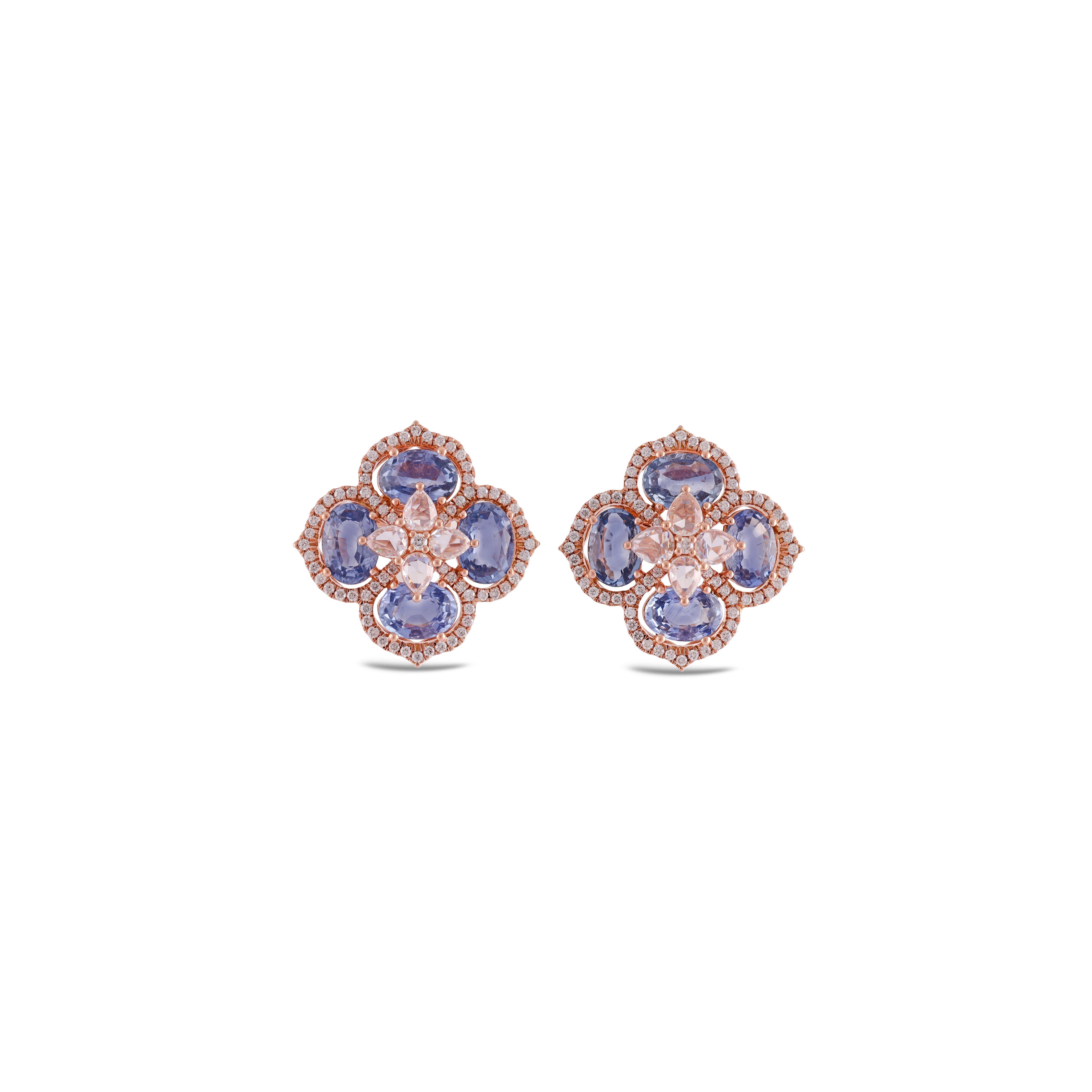 Mixed Cut 6.66 Carat Blue Sapphire & Diamond Flower Earrings Studs in 18k Rose Gold . For Sale