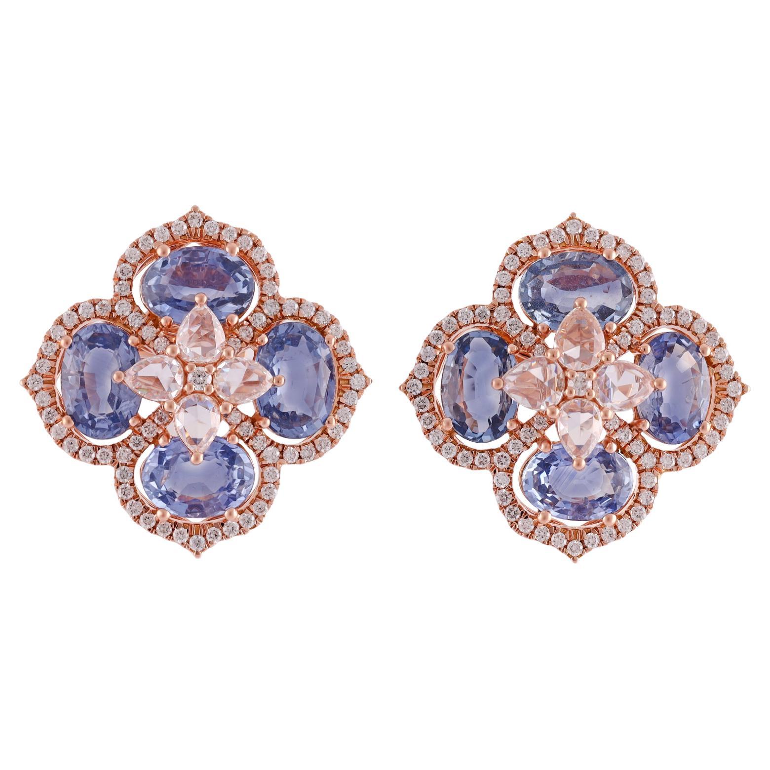 6.66 Carat Blue Sapphire & Diamond Flower Earrings Studs in 18k Rose Gold . For Sale