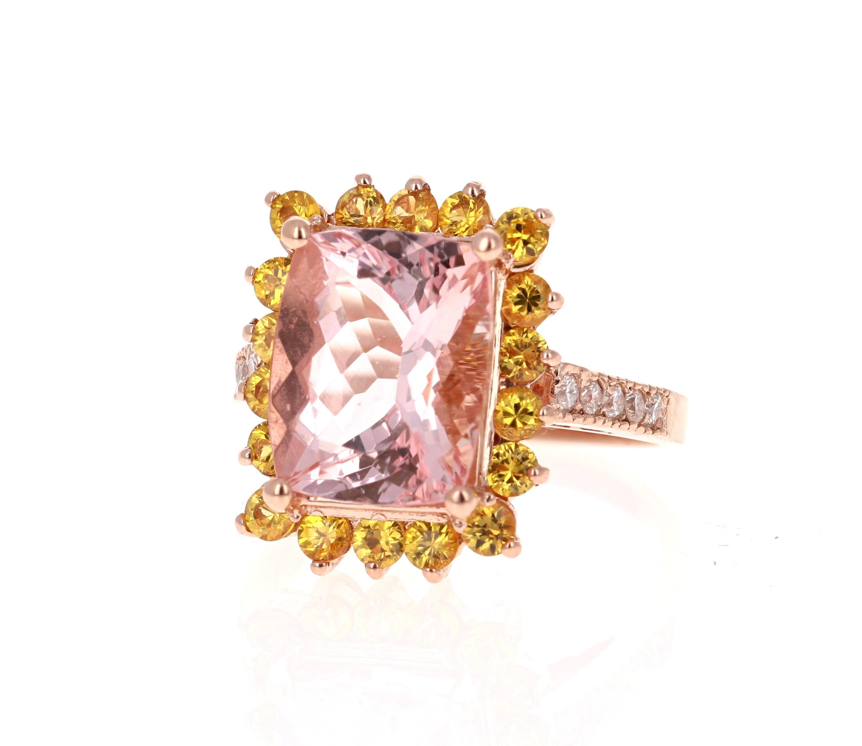 This gorgeous and unique Morganite Diamond Ring has a 5.18 Carat Rectangular Cut Morganite which is surrounded by a Halo of 18 Yellow Sapphires that weigh 1.26 Carats and is accented with 10 Round Cut Diamonds on the shank that weigh 0.22 Carats